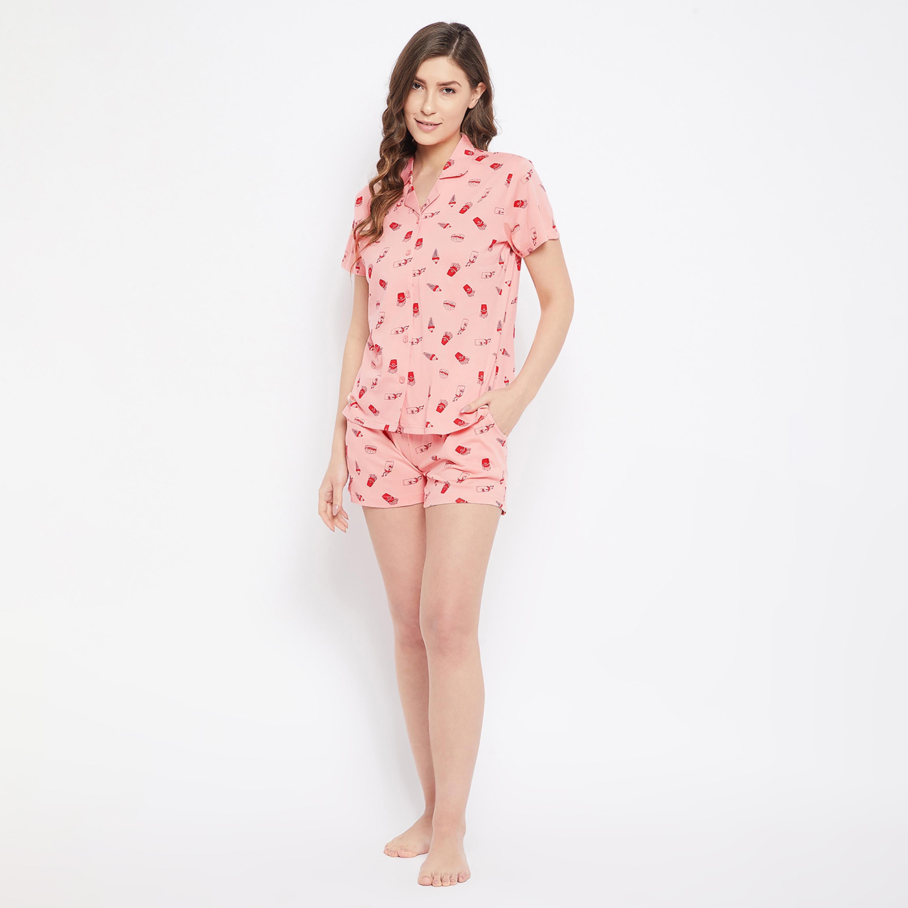 Clovia Set of Printed Collared Shirt with Shorts-women-clothing-nightwear-pyjamas-longsets-image-3