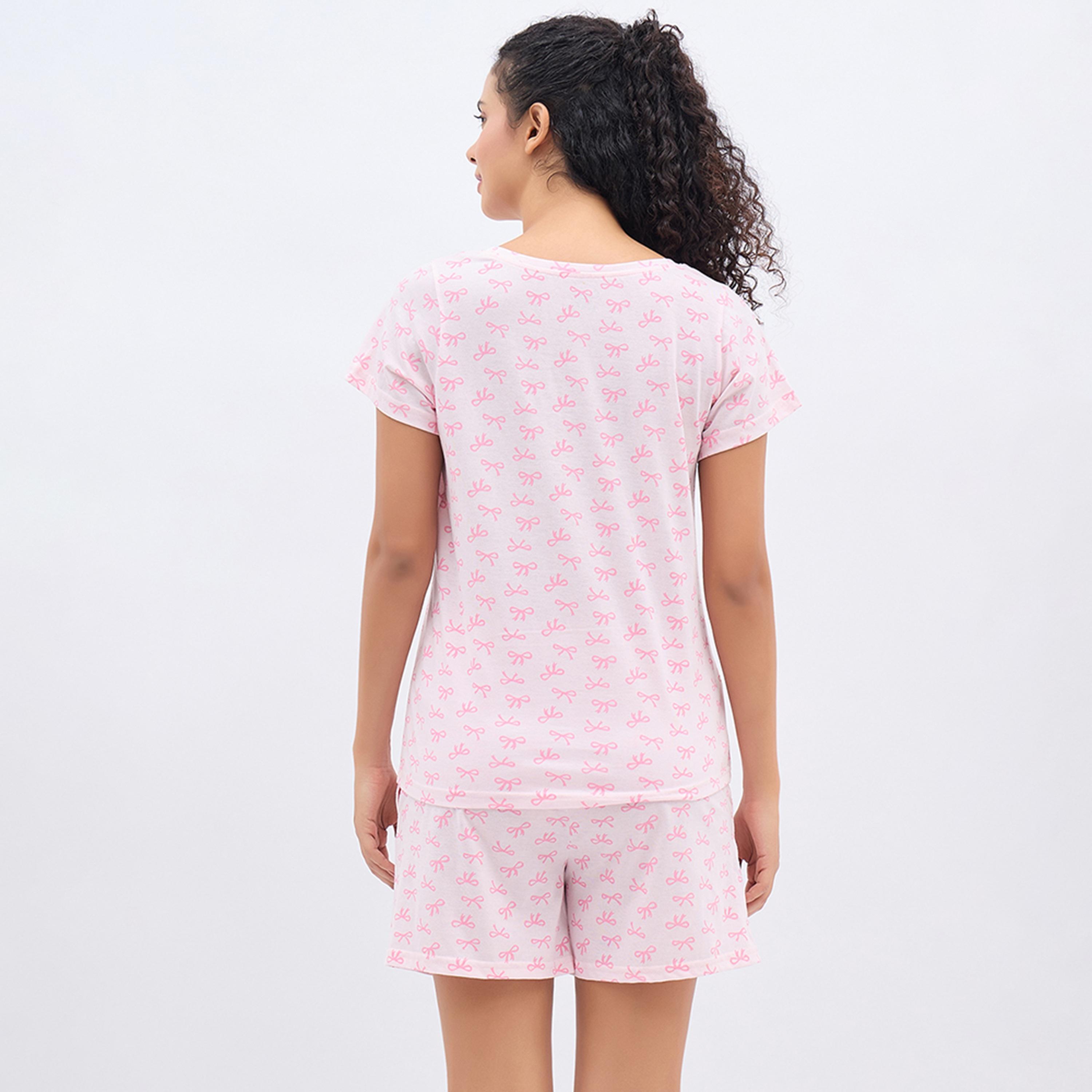 طقم توب وشورت بطبعة فيونكة - 100% قطن وردي فاتح من كلوفيا-women-clothing-nightwear-pyjamas-shortsets-image-5