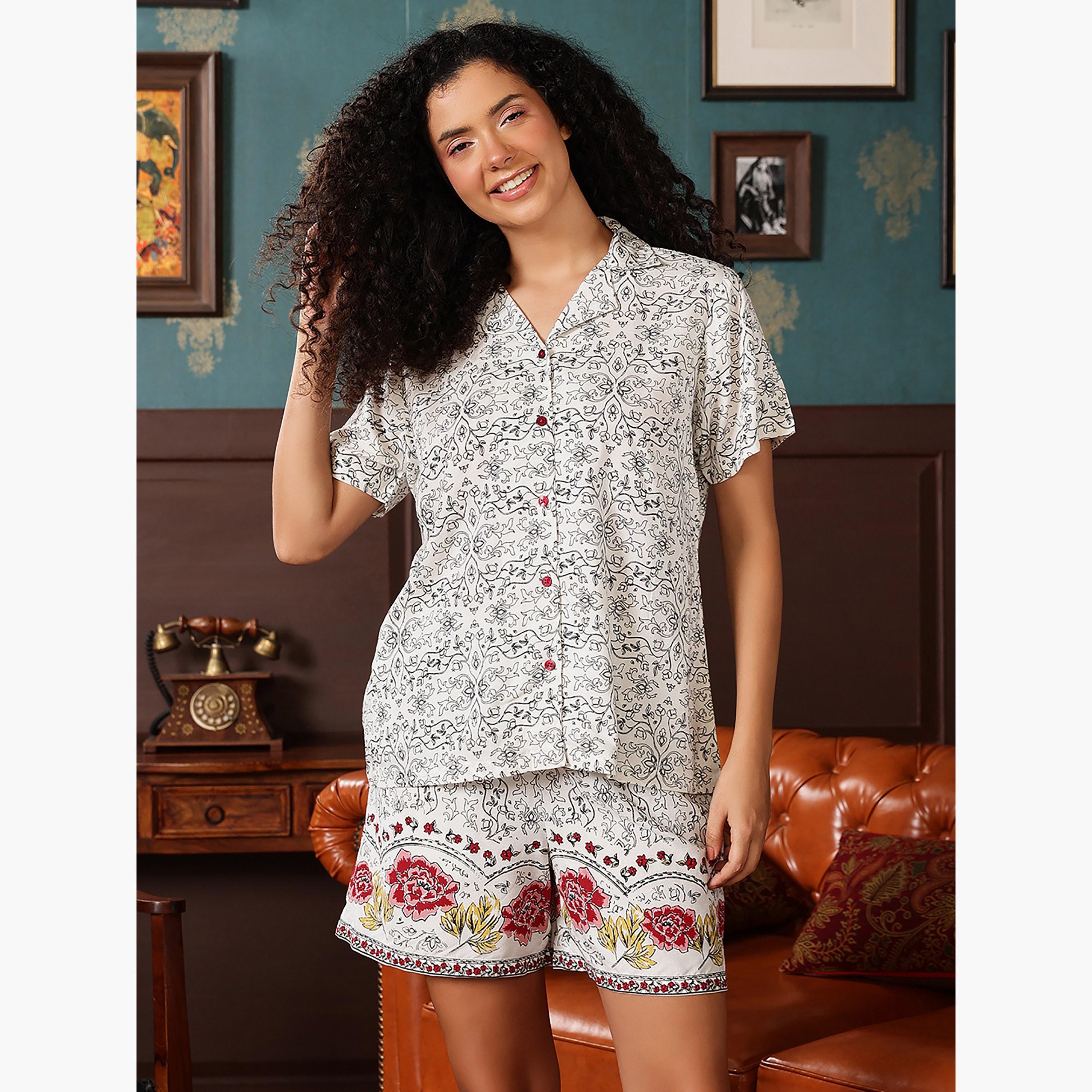طقم قميص وشورت بأزرار وطبعة زهور - ريون أبيض من كلوفيا-women-clothing-nightwear-pyjamas-shortsets-image-6