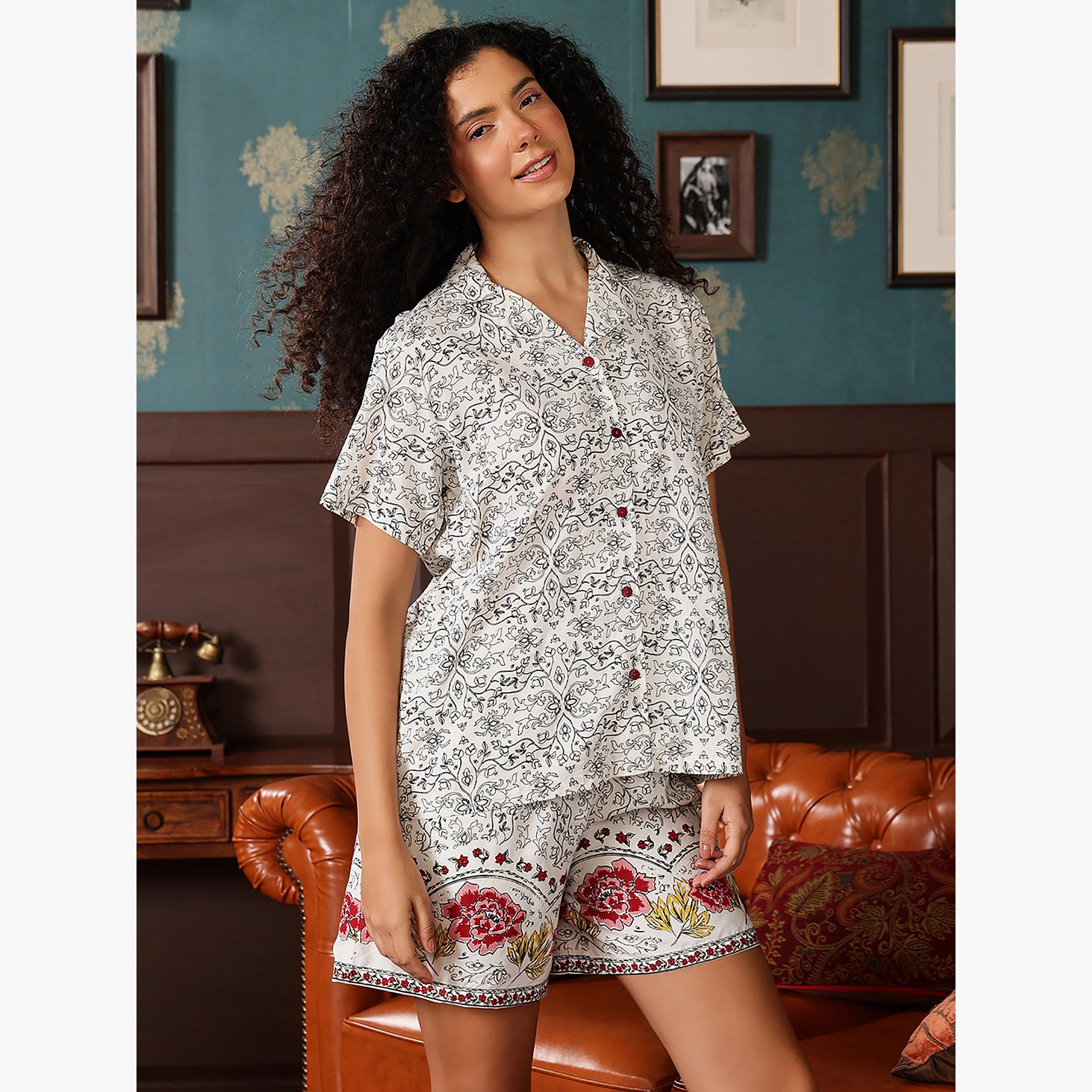 Clovia Floral Print Button-Down Women's Shirt & Shorts Set in White - Rayon-women-clothing-nightwear-pyjamas-shortsets-image-3