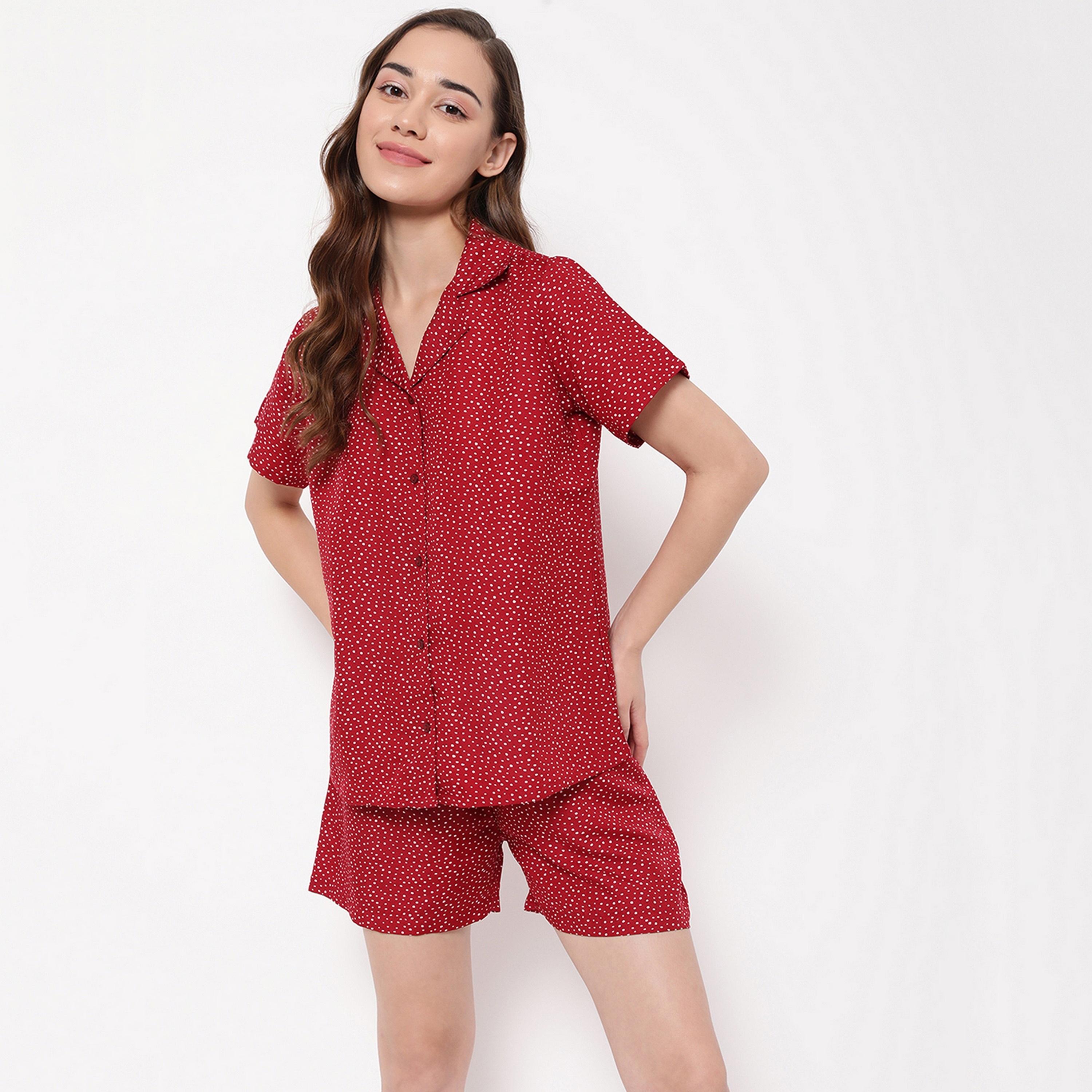 Clovia Women's Print Me Pretty Button Down Shirt & Shorts Set in Red - Rayon-women-clothing-nightwear-pyjamas-longsets-image-1