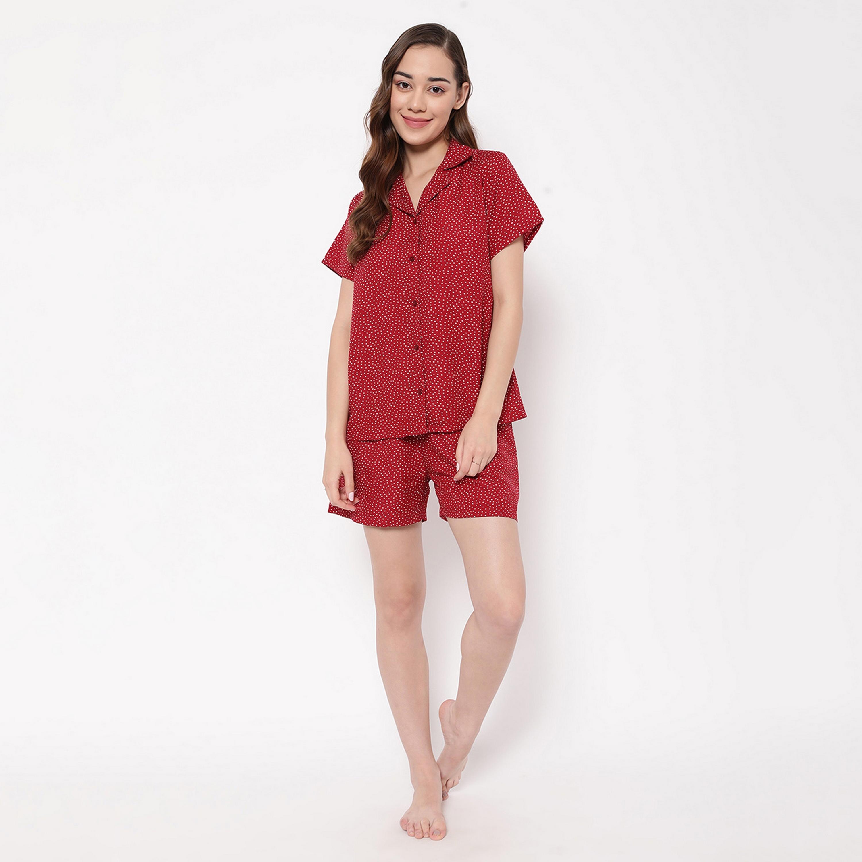 Clovia Women's Print Me Pretty Button Down Shirt & Shorts Set in Red - Rayon-women-clothing-nightwear-pyjamas-longsets-image-2