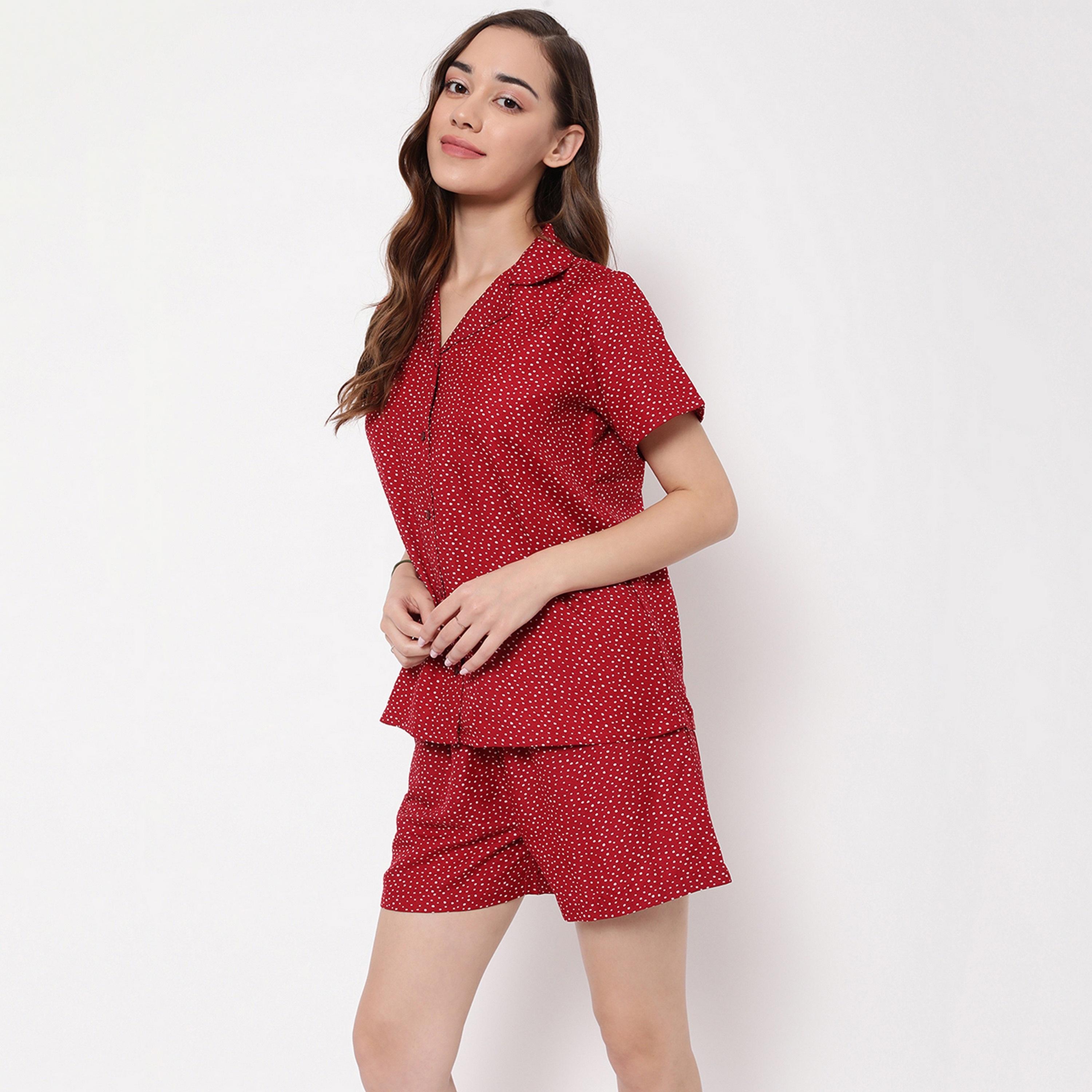 Clovia Women's Print Me Pretty Button Down Shirt & Shorts Set in Red - Rayon-women-clothing-nightwear-pyjamas-longsets-image-3