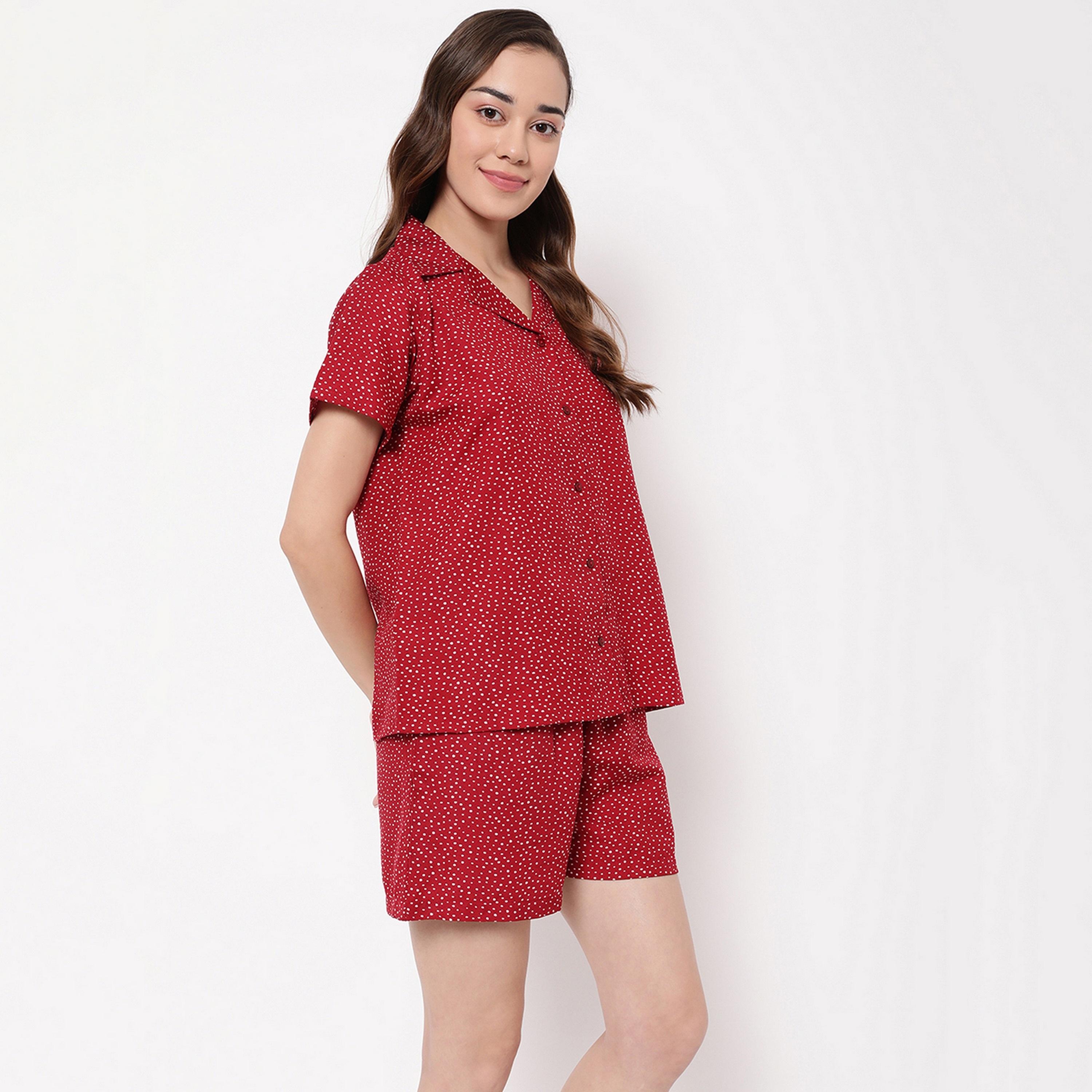 Clovia Women's Print Me Pretty Button Down Shirt & Shorts Set in Red - Rayon-women-clothing-nightwear-pyjamas-longsets-image-4