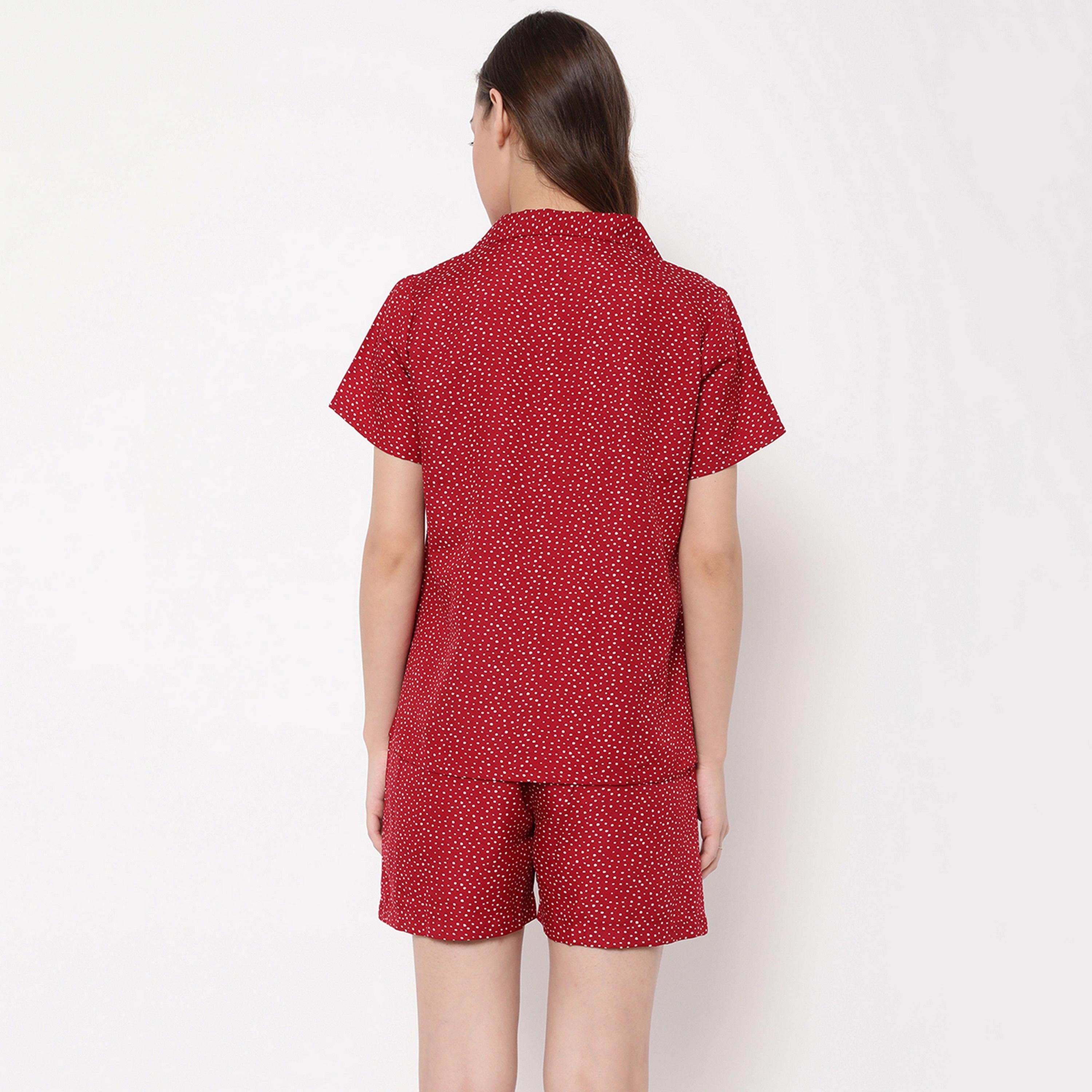 Clovia Women's Print Me Pretty Button Down Shirt & Shorts Set in Red - Rayon-women-clothing-nightwear-pyjamas-longsets-image-5