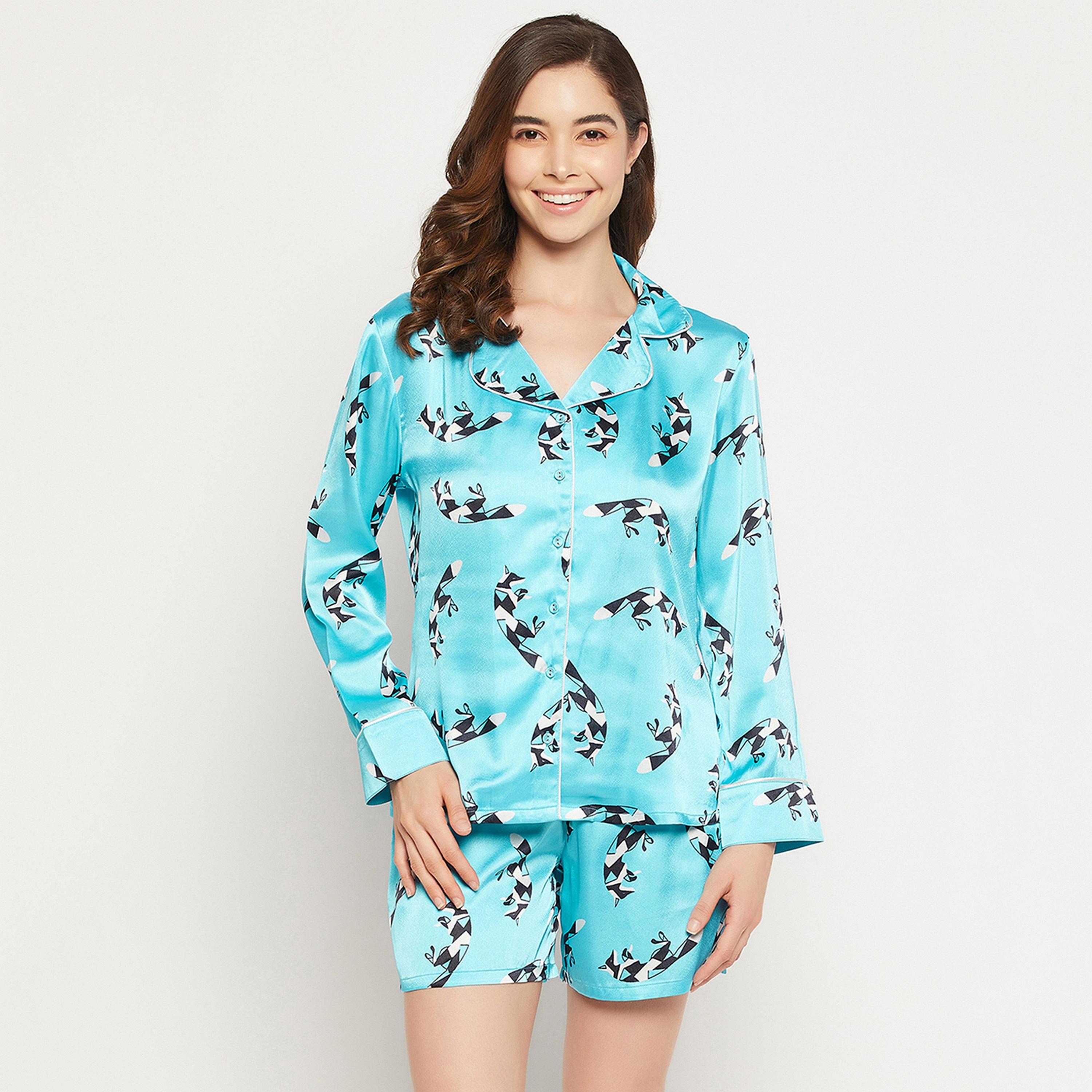 Clovia Women's Fox Print Button Down Shirt & Shorts Set in Sky Blue - Satin-women-clothing-nightwear-pyjamas-longsets-image-1