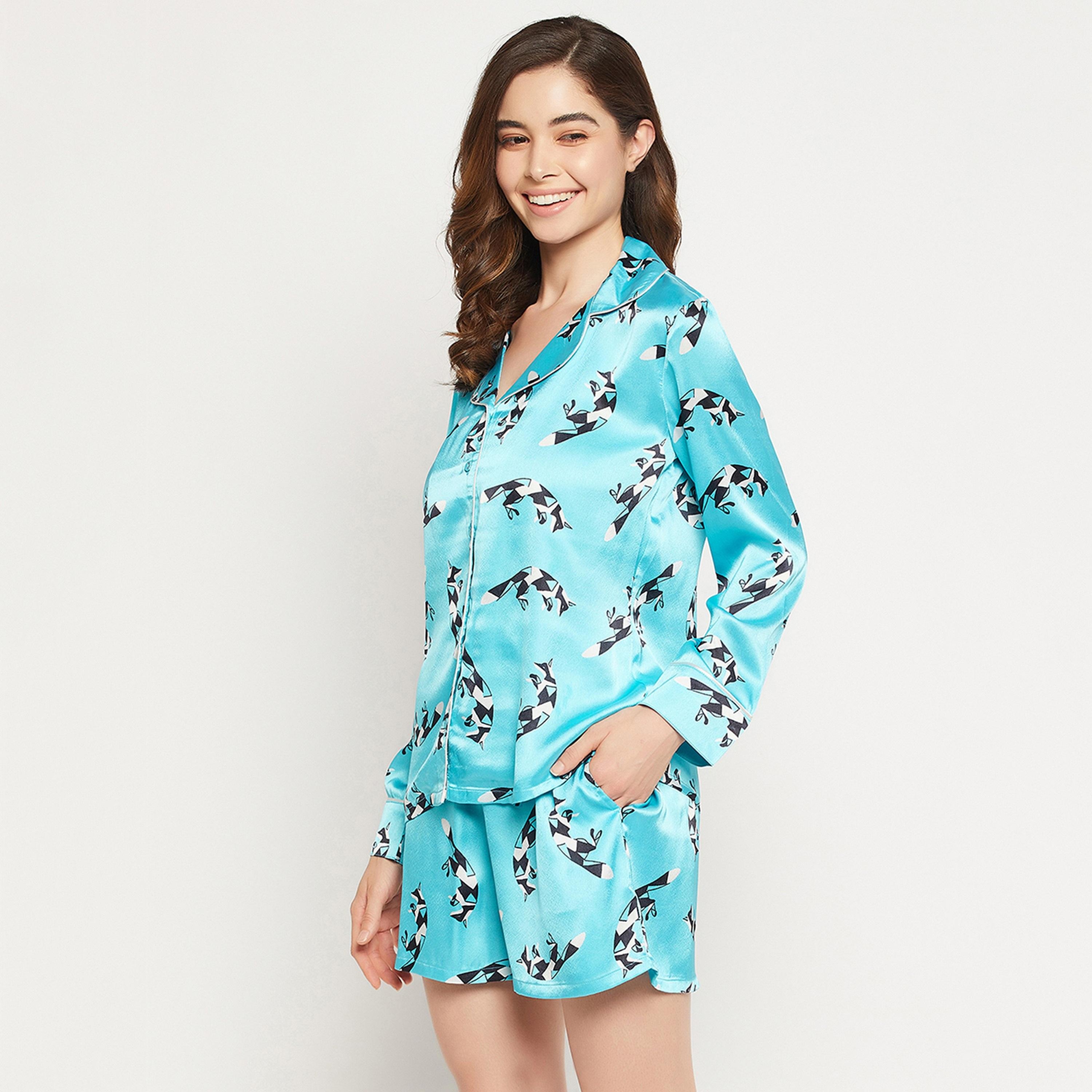 Clovia Women's Fox Print Button Down Shirt & Shorts Set in Sky Blue - Satin-women-clothing-nightwear-pyjamas-longsets-image-3