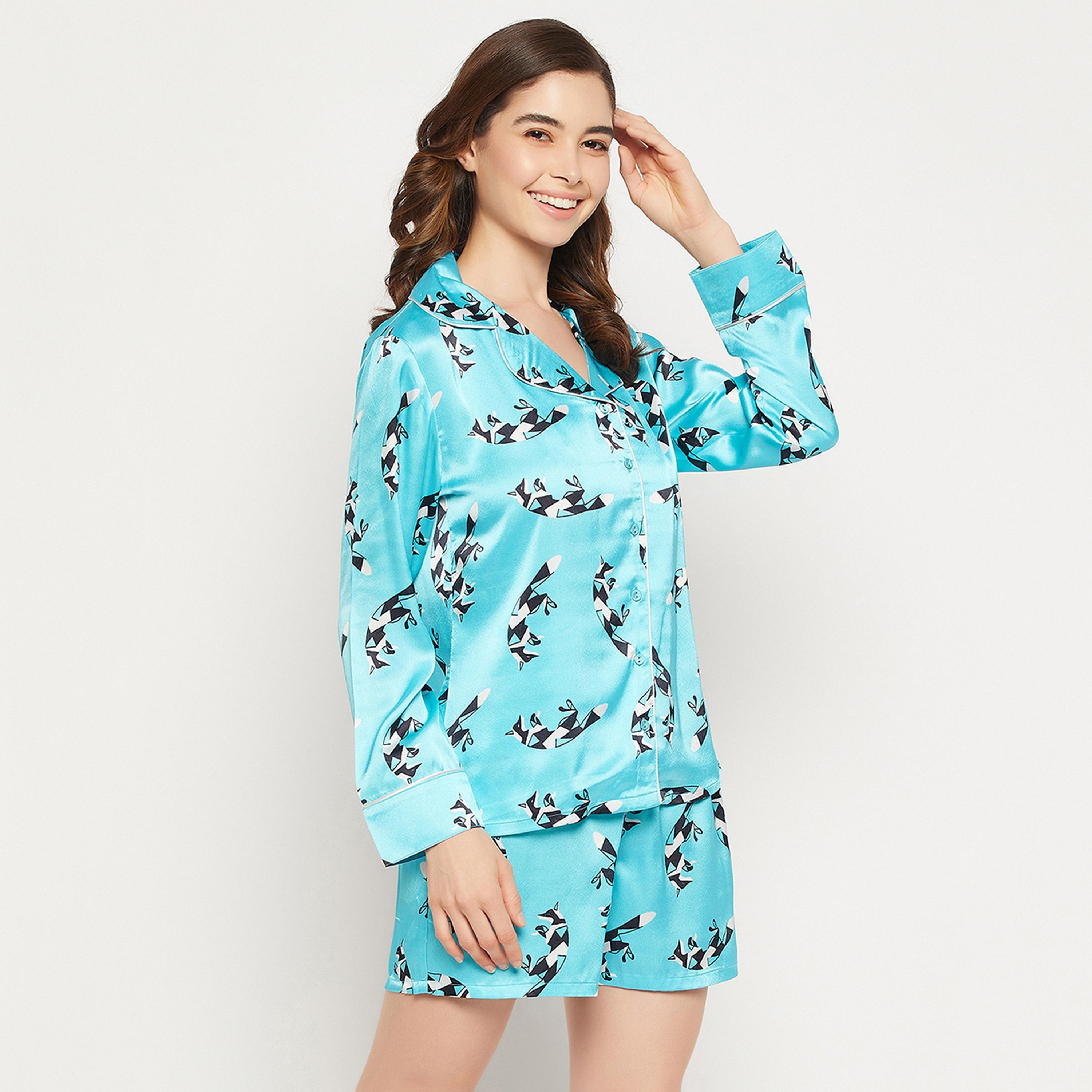 Clovia Women's Fox Print Button Down Shirt & Shorts Set in Sky Blue - Satin-women-clothing-nightwear-pyjamas-longsets-image-4