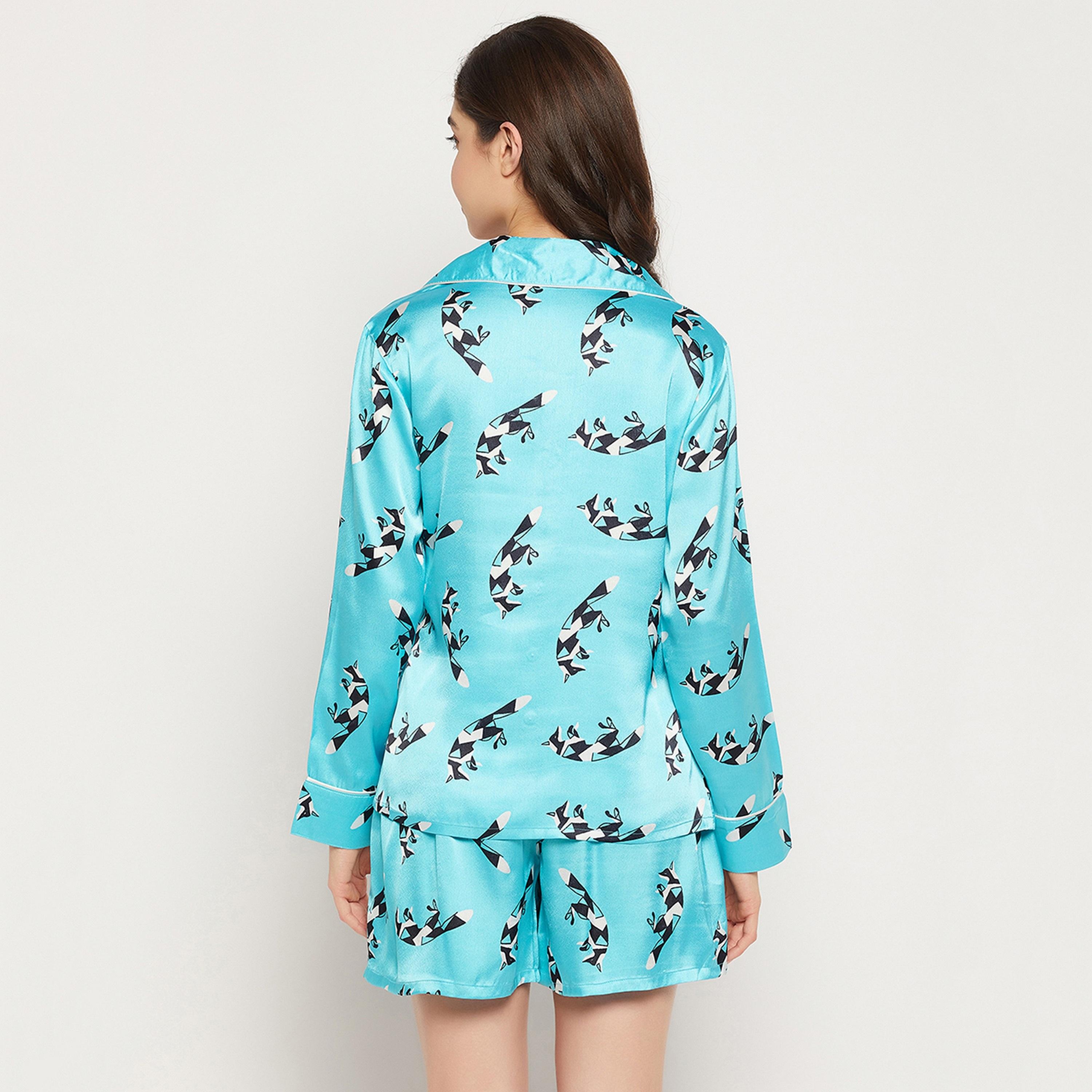 Clovia Women's Fox Print Button Down Shirt & Shorts Set in Sky Blue - Satin-women-clothing-nightwear-pyjamas-longsets-image-5
