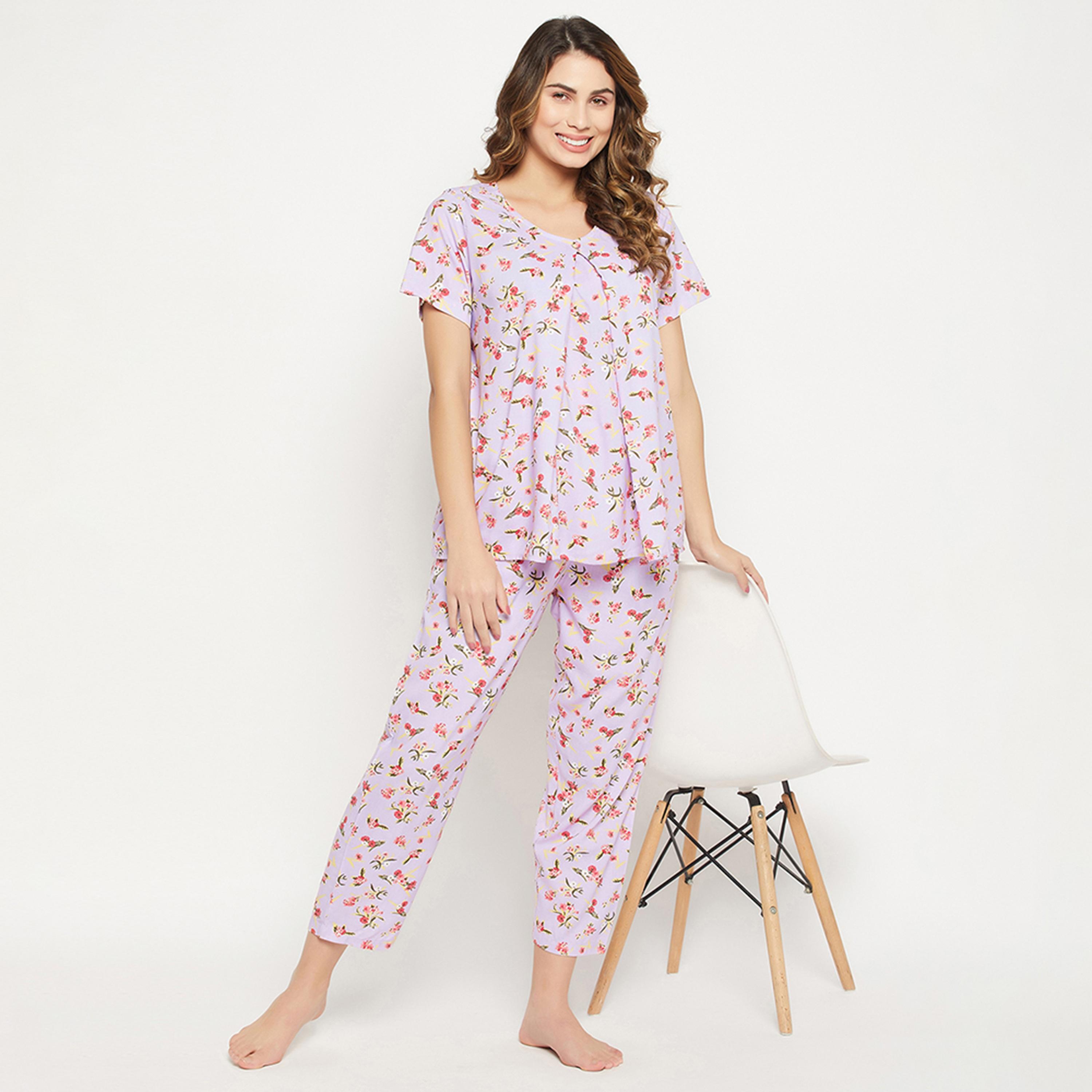 Clovia Feeding Pretty Florals Women's Top & Pyjama Set in Lilac - Rayon-women-clothing-nightwear-pyjamas-longsets-image-1