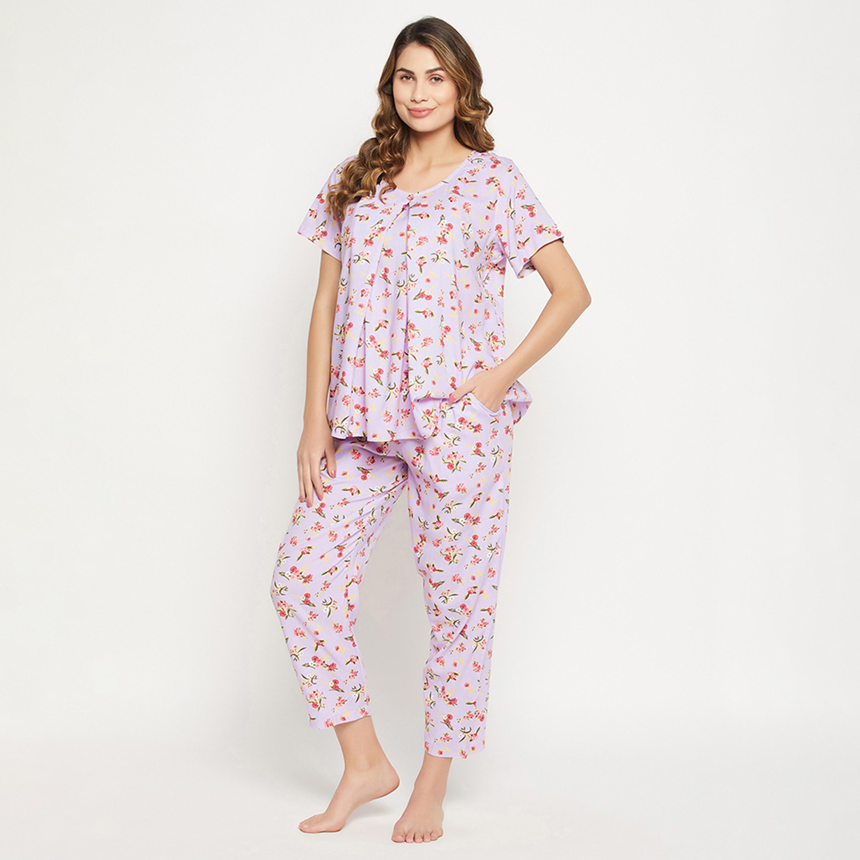 Clovia Feeding Pretty Florals Women's Top & Pyjama Set in Lilac - Rayon-women-clothing-nightwear-pyjamas-longsets-image-2