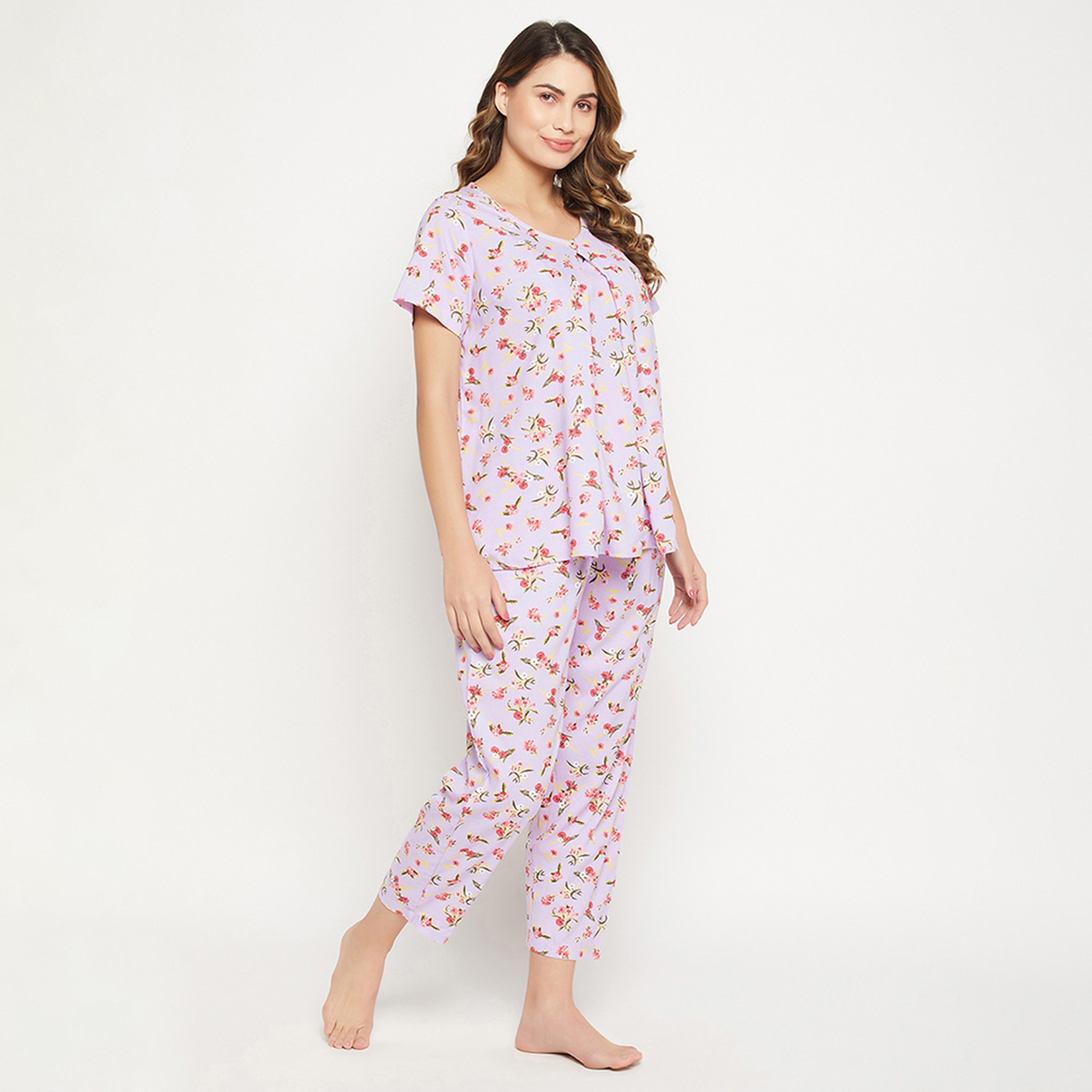 Clovia Feeding Pretty Florals Women's Top & Pyjama Set in Lilac - Rayon-women-clothing-nightwear-pyjamas-longsets-image-3