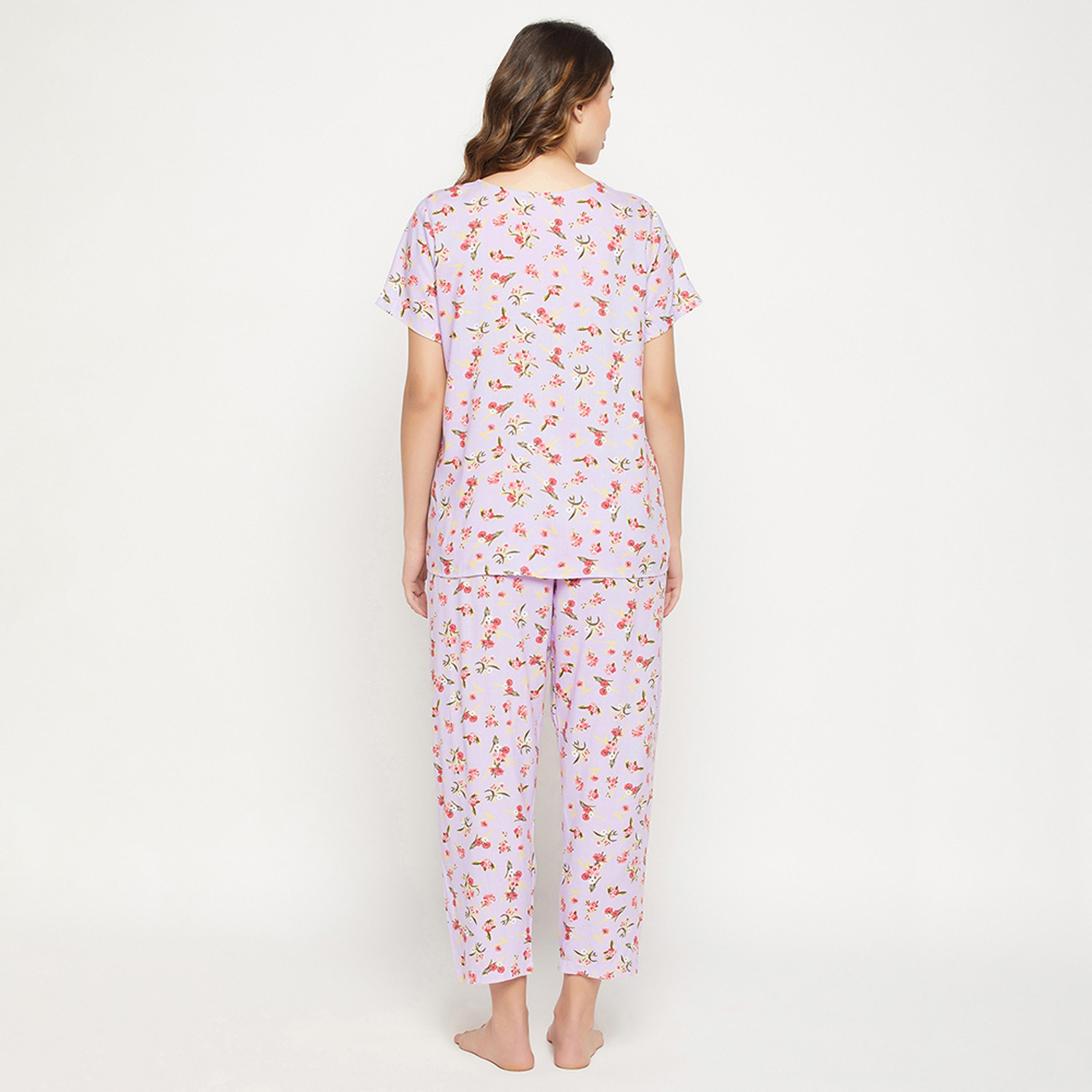 Clovia Feeding Pretty Florals Women's Top & Pyjama Set in Lilac - Rayon-women-clothing-nightwear-pyjamas-longsets-image-4