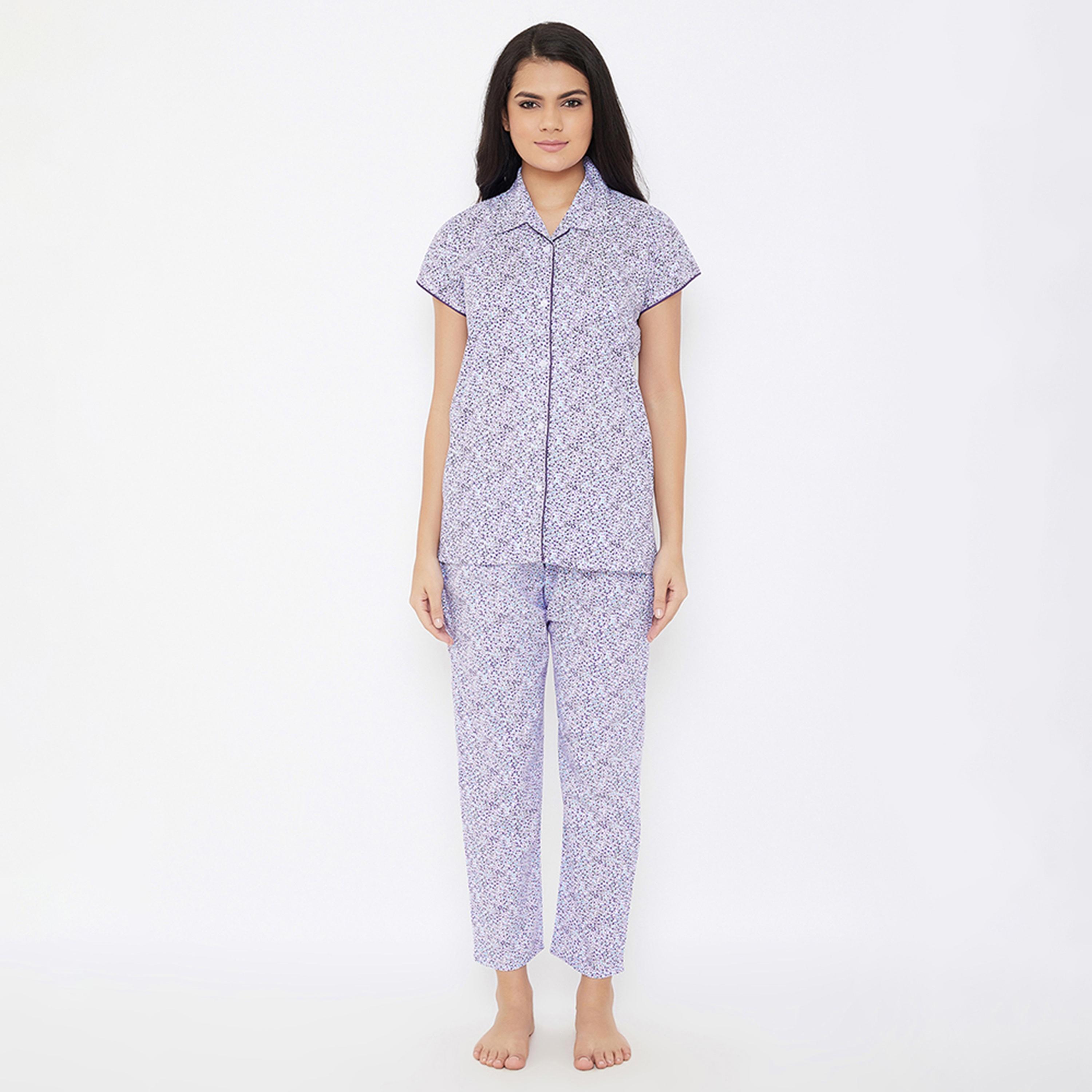 Clovia Button Down Women's Shirt & Pyjama Set in Multicolour - Cotton Rich-women-clothing-nightwear-pyjamas-longsets-image-1