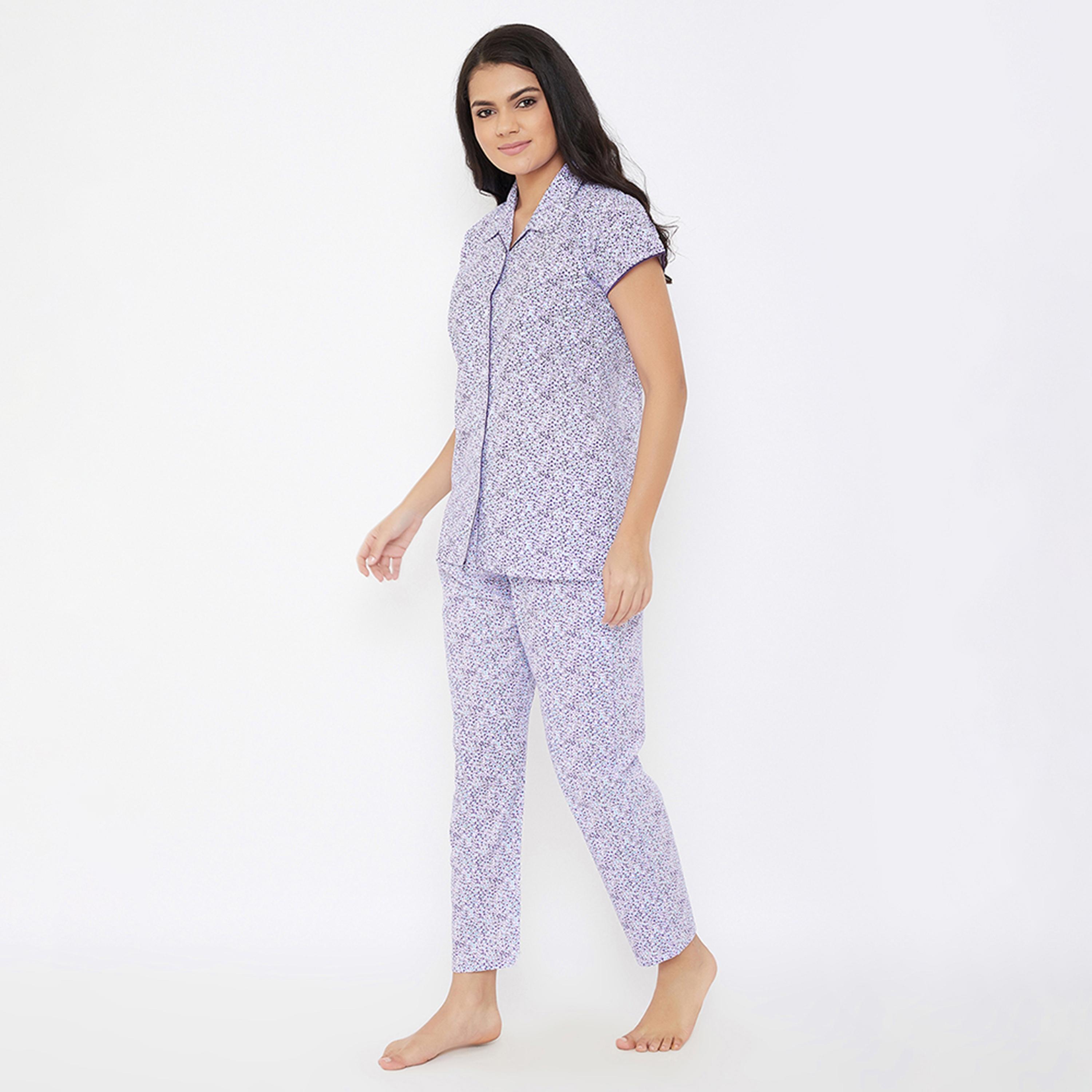 Clovia Button Down Women's Shirt & Pyjama Set in Multicolour - Cotton Rich-women-clothing-nightwear-pyjamas-longsets-image-2
