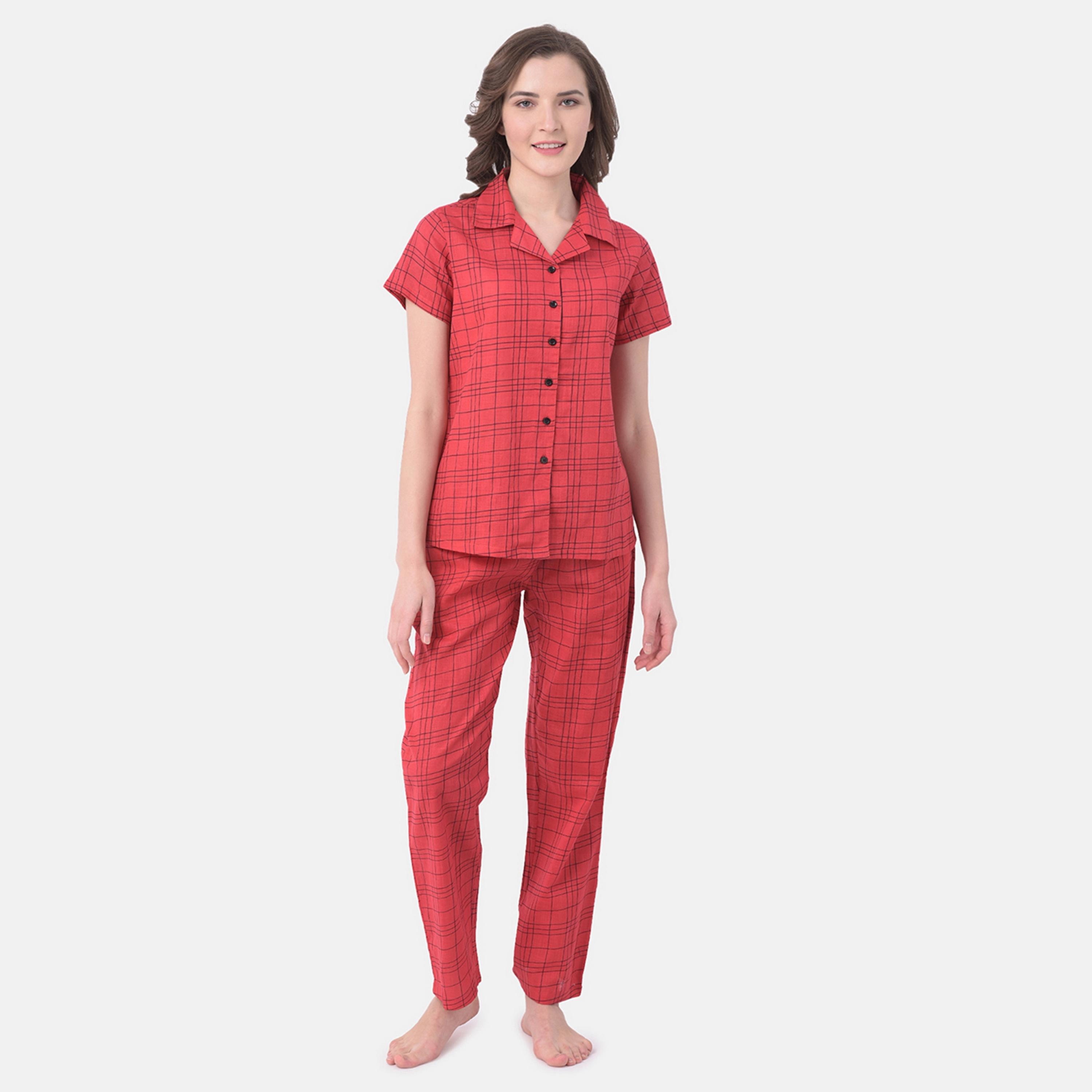 Clovia Classic Women's Checks Button Down Shirt & Pyjama in Red- Pure Cotton-women-clothing-nightwear-pyjamas-longsets-image-1