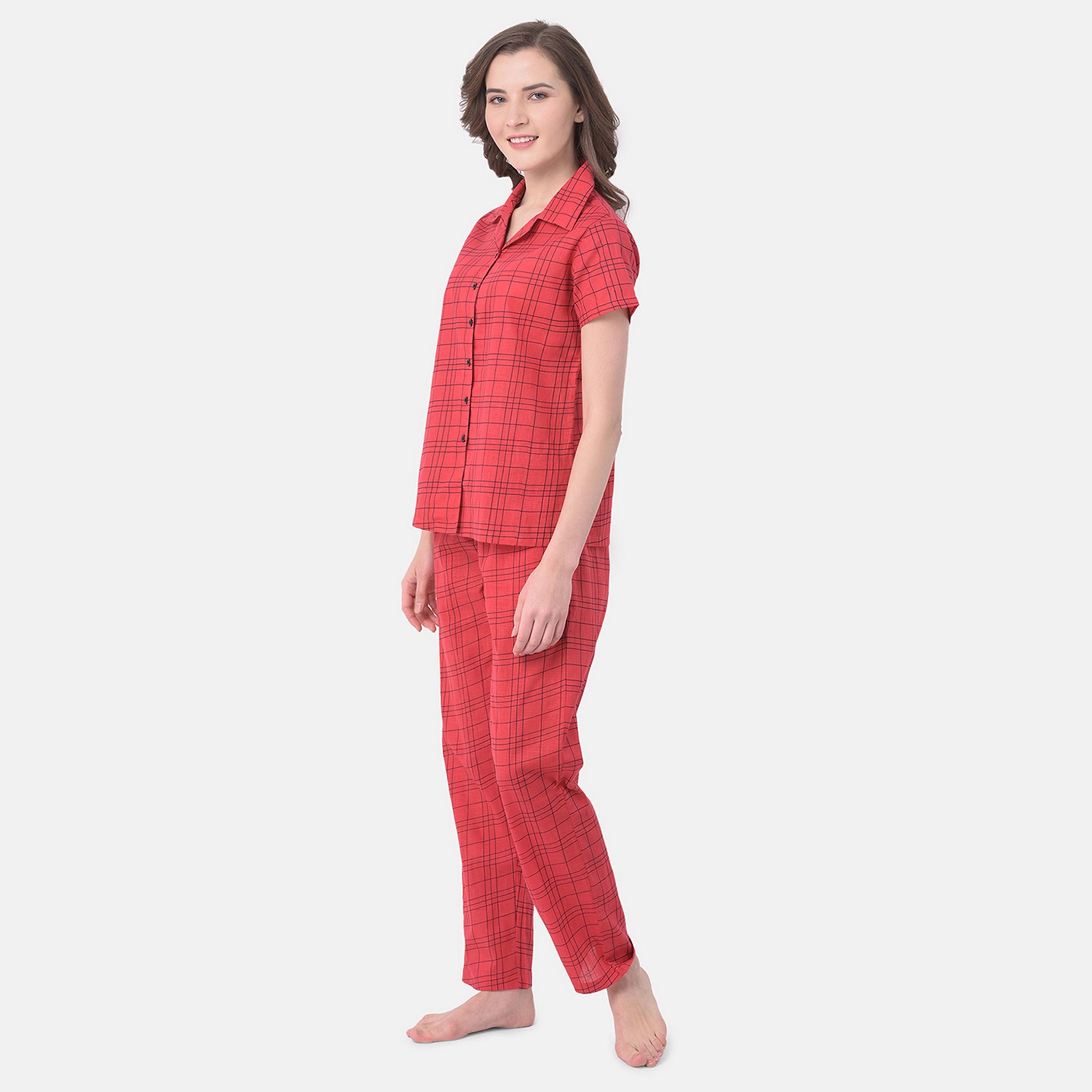 Clovia Classic Women's Checks Button Down Shirt & Pyjama in Red- Pure Cotton-women-clothing-nightwear-pyjamas-longsets-image-2