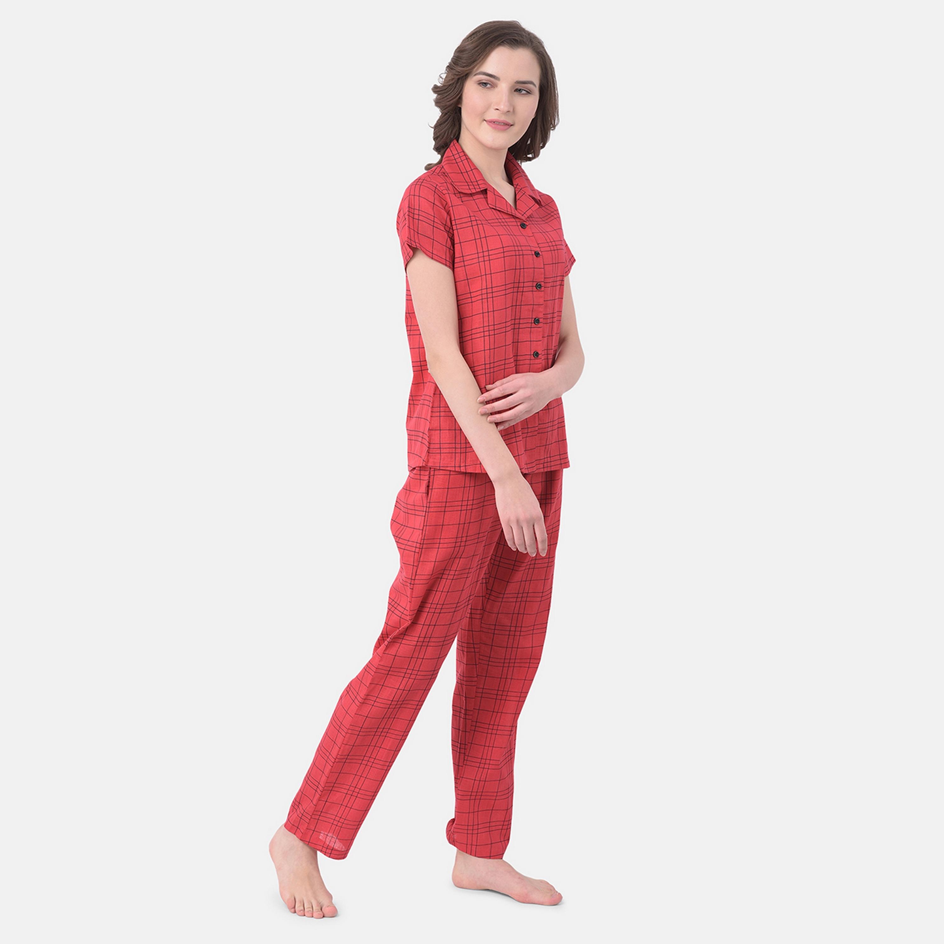Clovia Classic Women's Checks Button Down Shirt & Pyjama in Red- Pure Cotton-women-clothing-nightwear-pyjamas-longsets-image-3