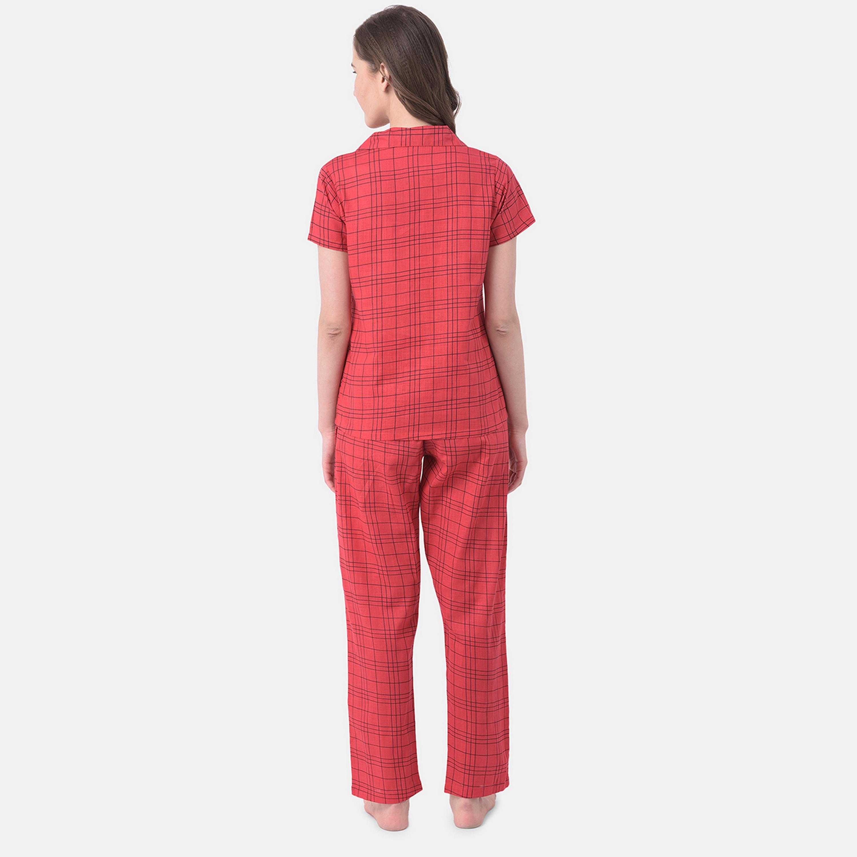 Clovia Classic Women's Checks Button Down Shirt & Pyjama in Red- Pure Cotton-women-clothing-nightwear-pyjamas-longsets-image-4