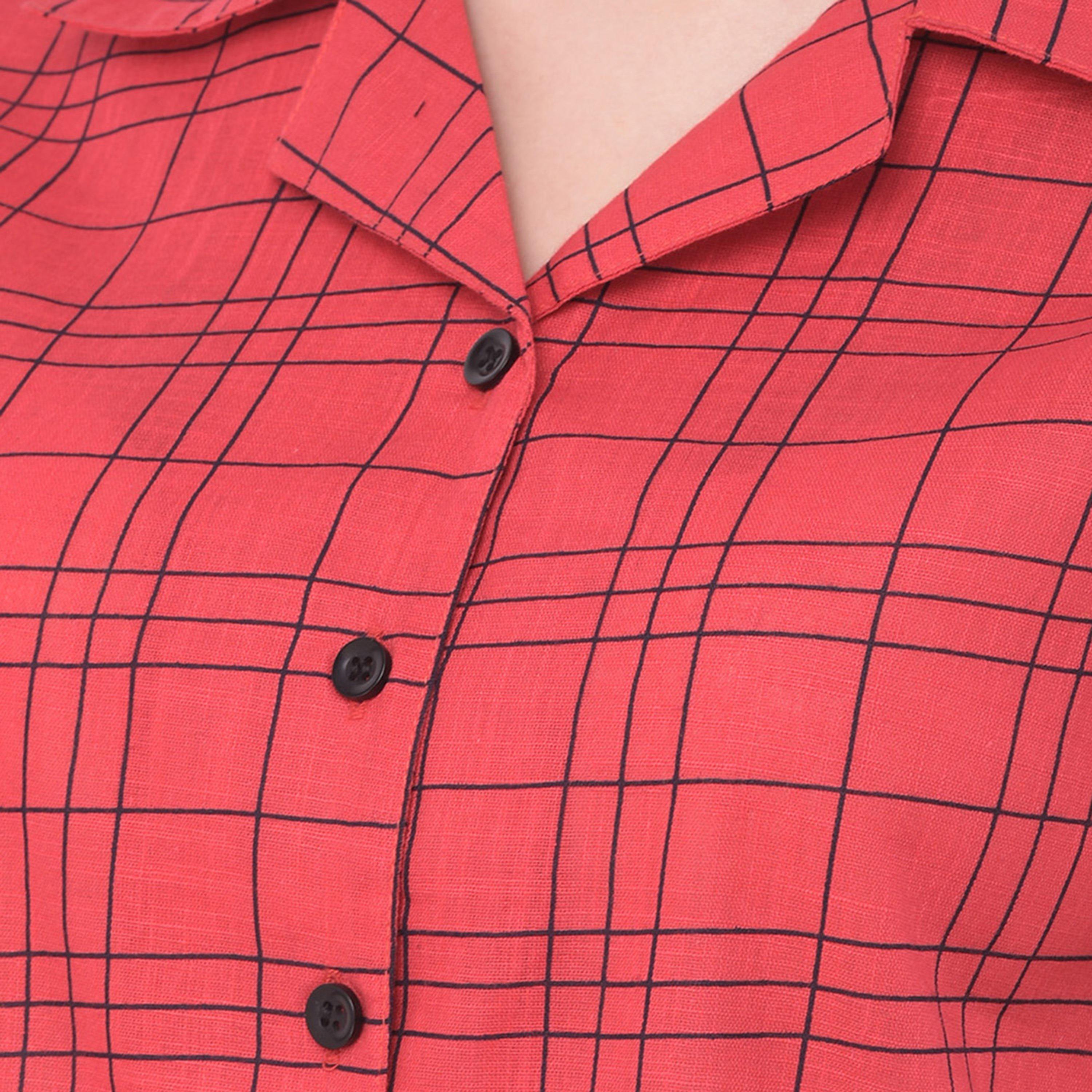 Clovia Classic Women's Checks Button Down Shirt & Pyjama in Red- Pure Cotton-women-clothing-nightwear-pyjamas-longsets-image-5