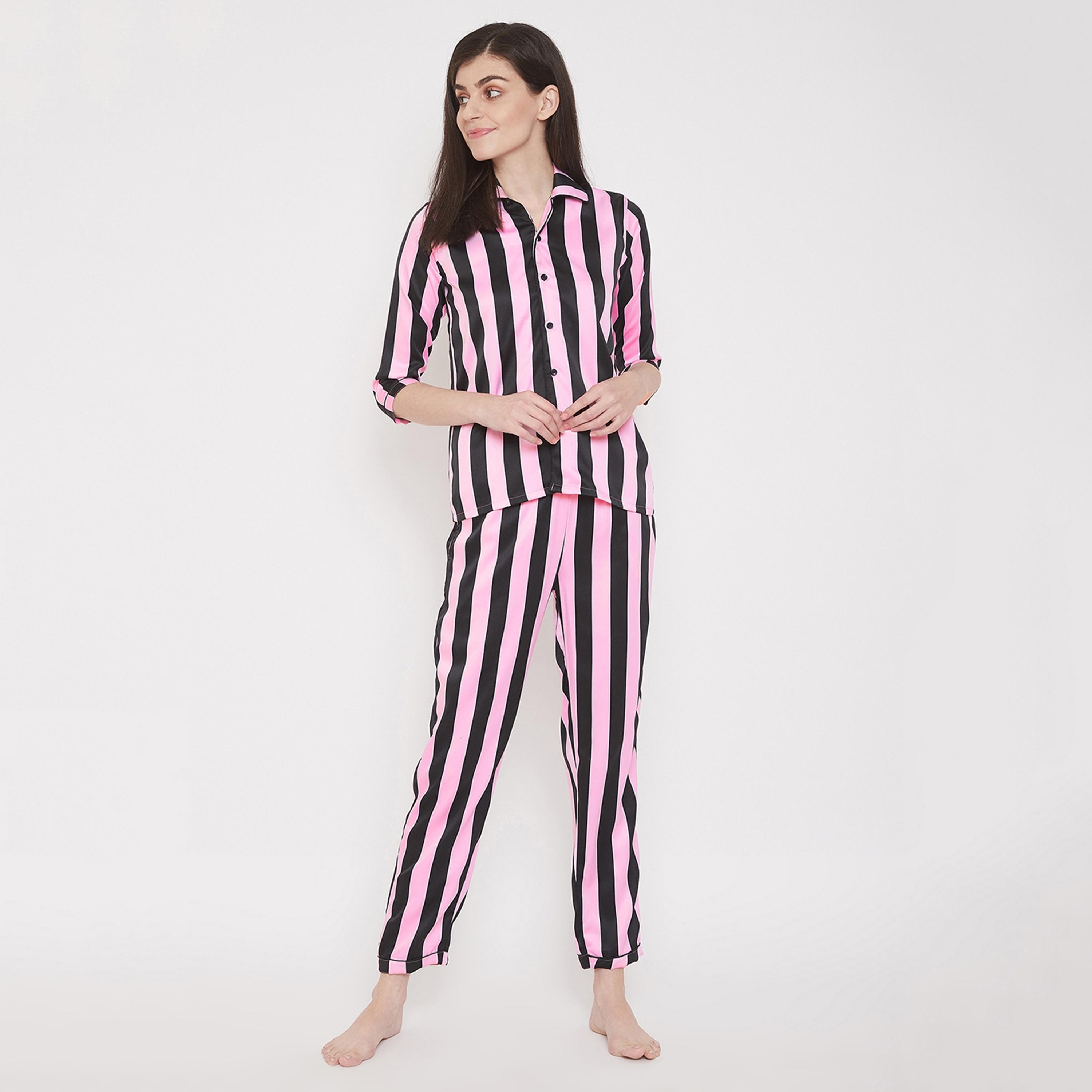 Clovia Set of Stripes Collared Shirt with Pyjama-women-clothing-nightwear-pyjamas-longsets-image-2