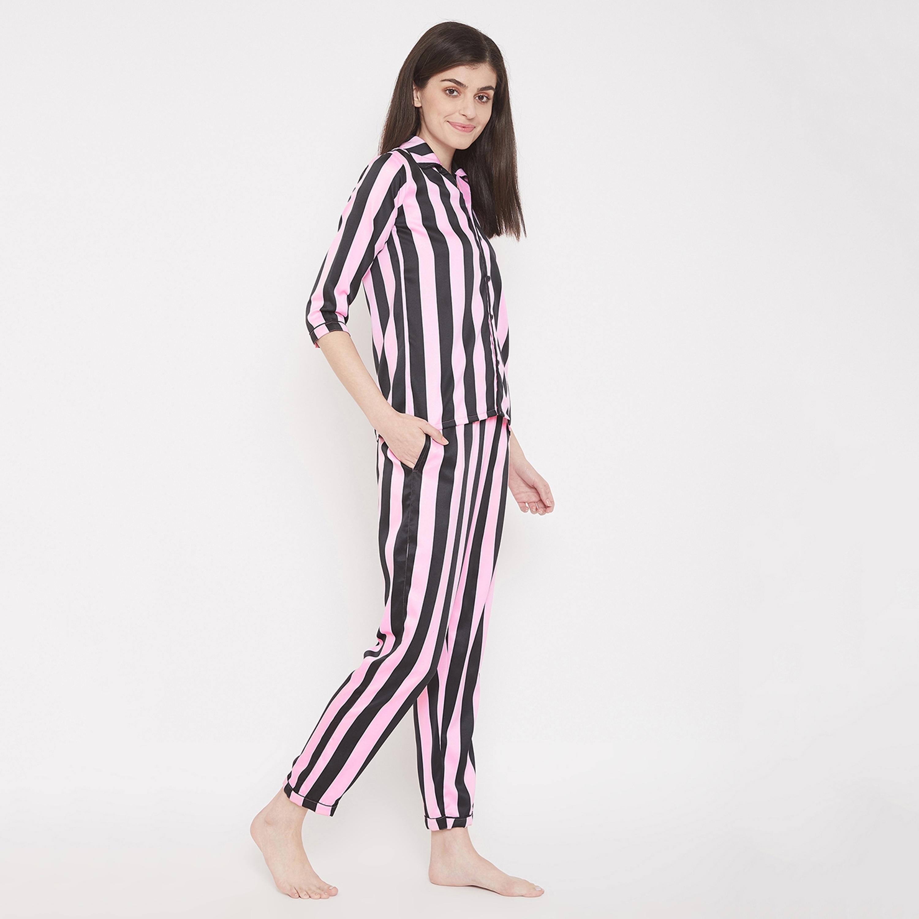 Clovia Set of Stripes Collared Shirt with Pyjama-women-clothing-nightwear-pyjamas-longsets-image-3