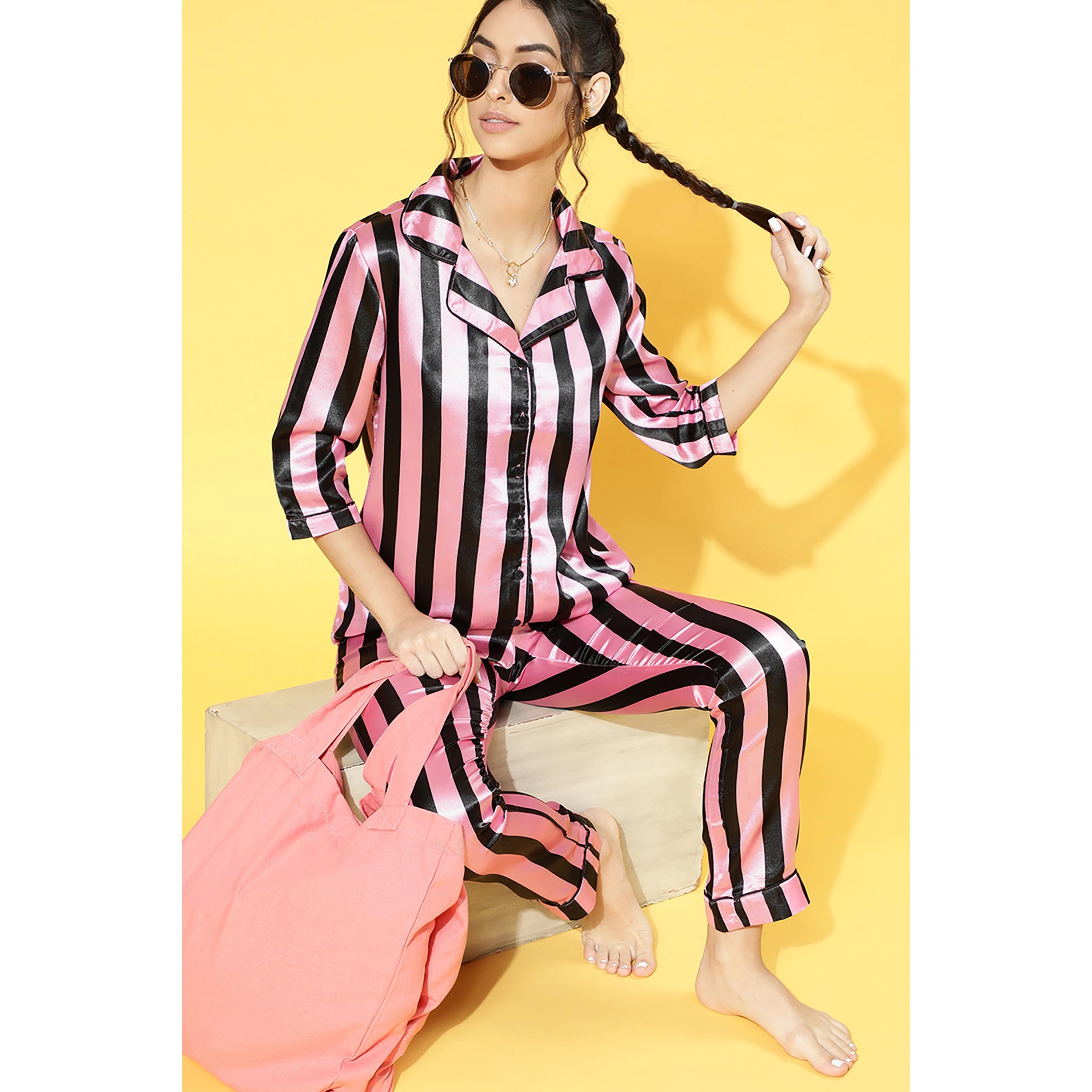 Clovia Set of Stripes Collared Shirt with Pyjama-women-clothing-nightwear-pyjamas-longsets-image-1