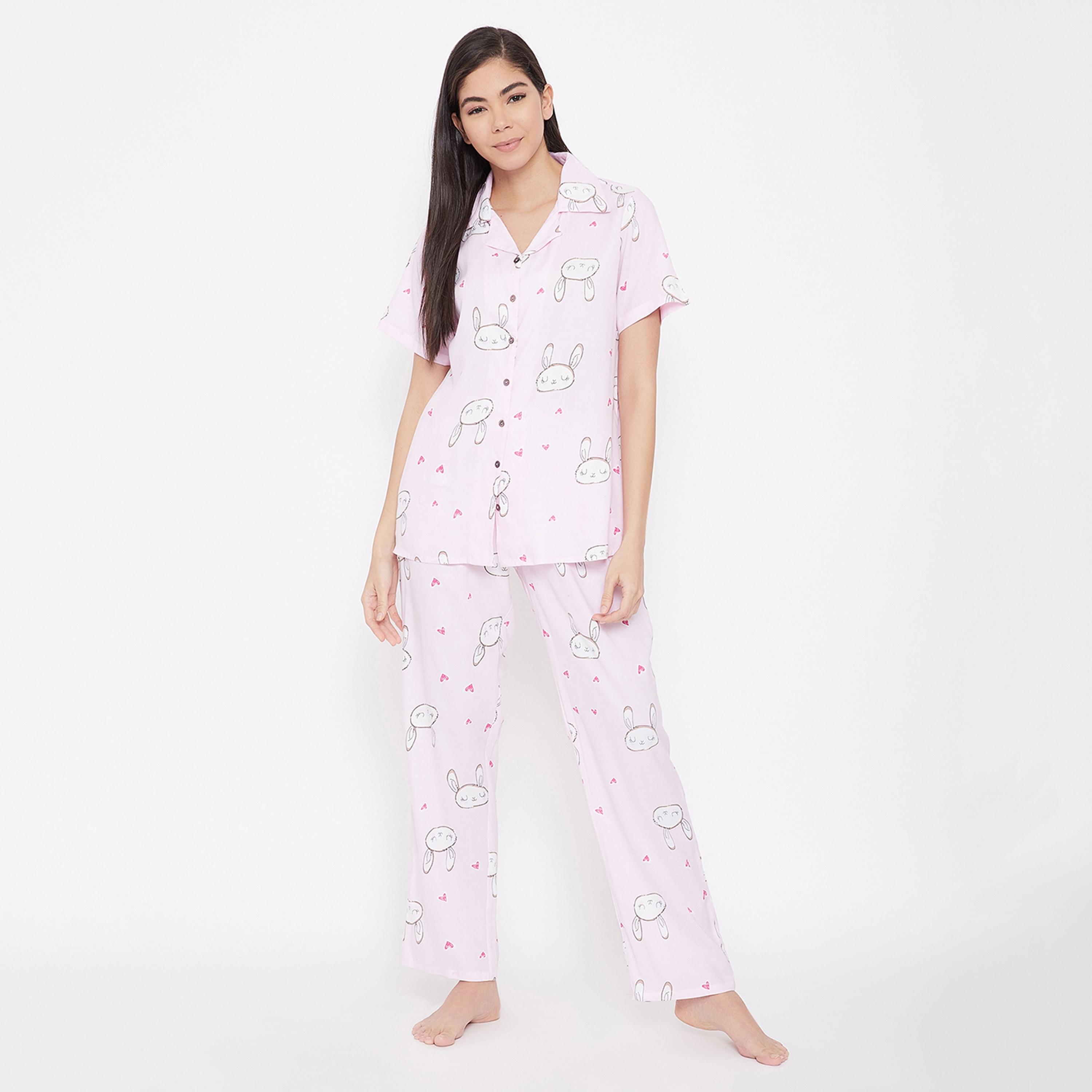 Clovia Set of Printed Collared Shirt with Pyjama-women-clothing-nightwear-pyjamas-longsets-image-2