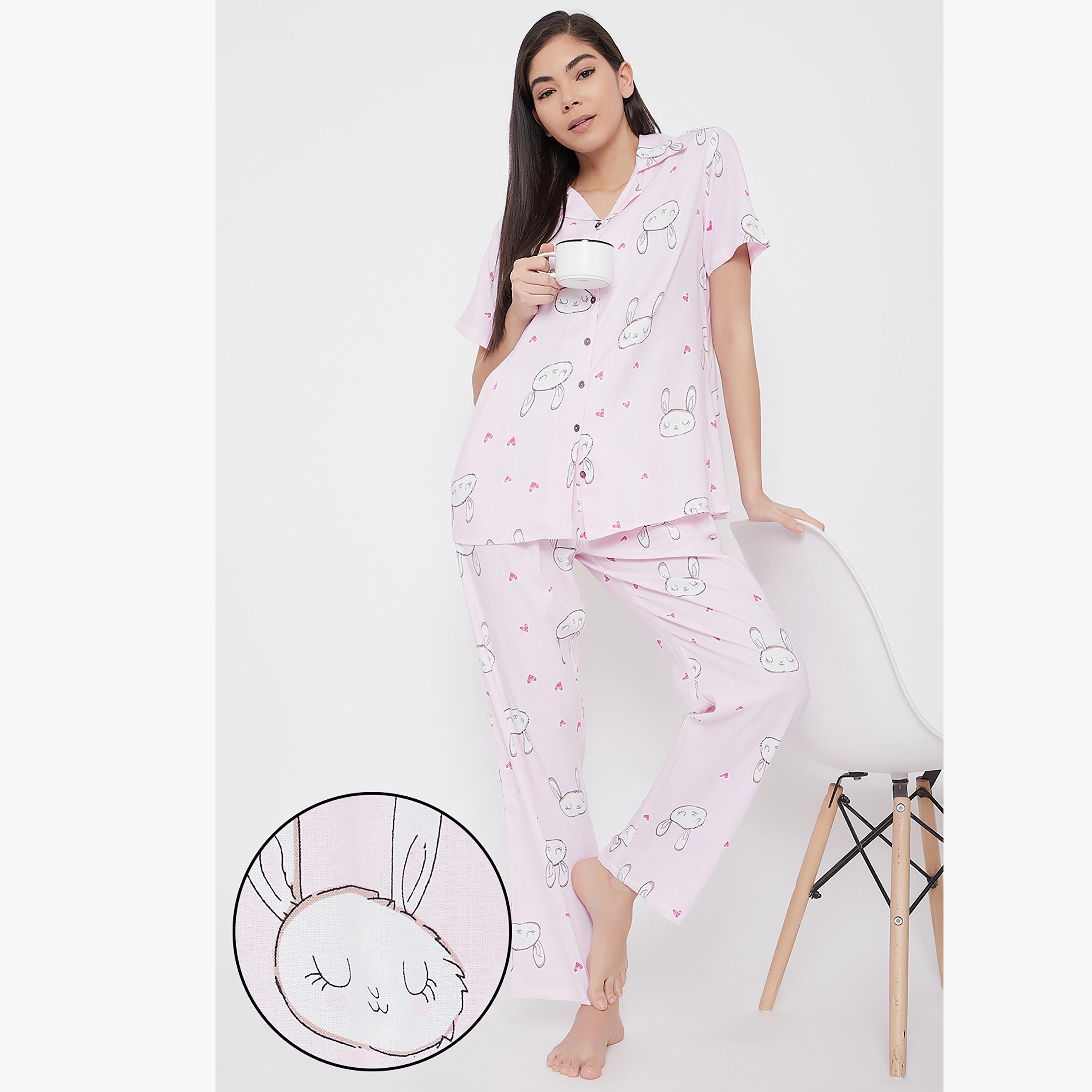 Clovia Set of Printed Collared Shirt with Pyjama-women-clothing-nightwear-pyjamas-longsets-image-1