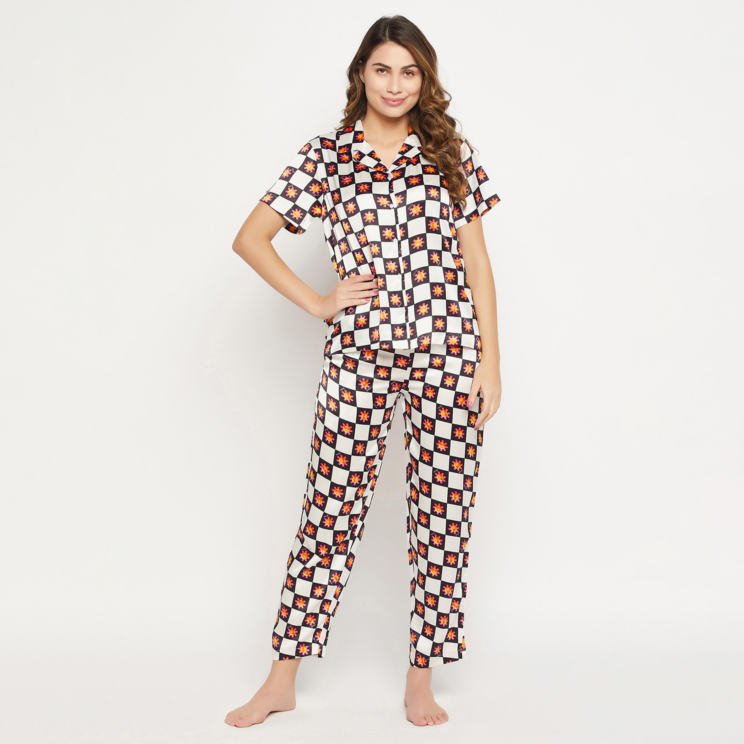 Clovia Sun Print Button Down Women's Shirt & Pyjama Set in White - Satin-women-clothing-nightwear-pyjamas-longsets-image-1