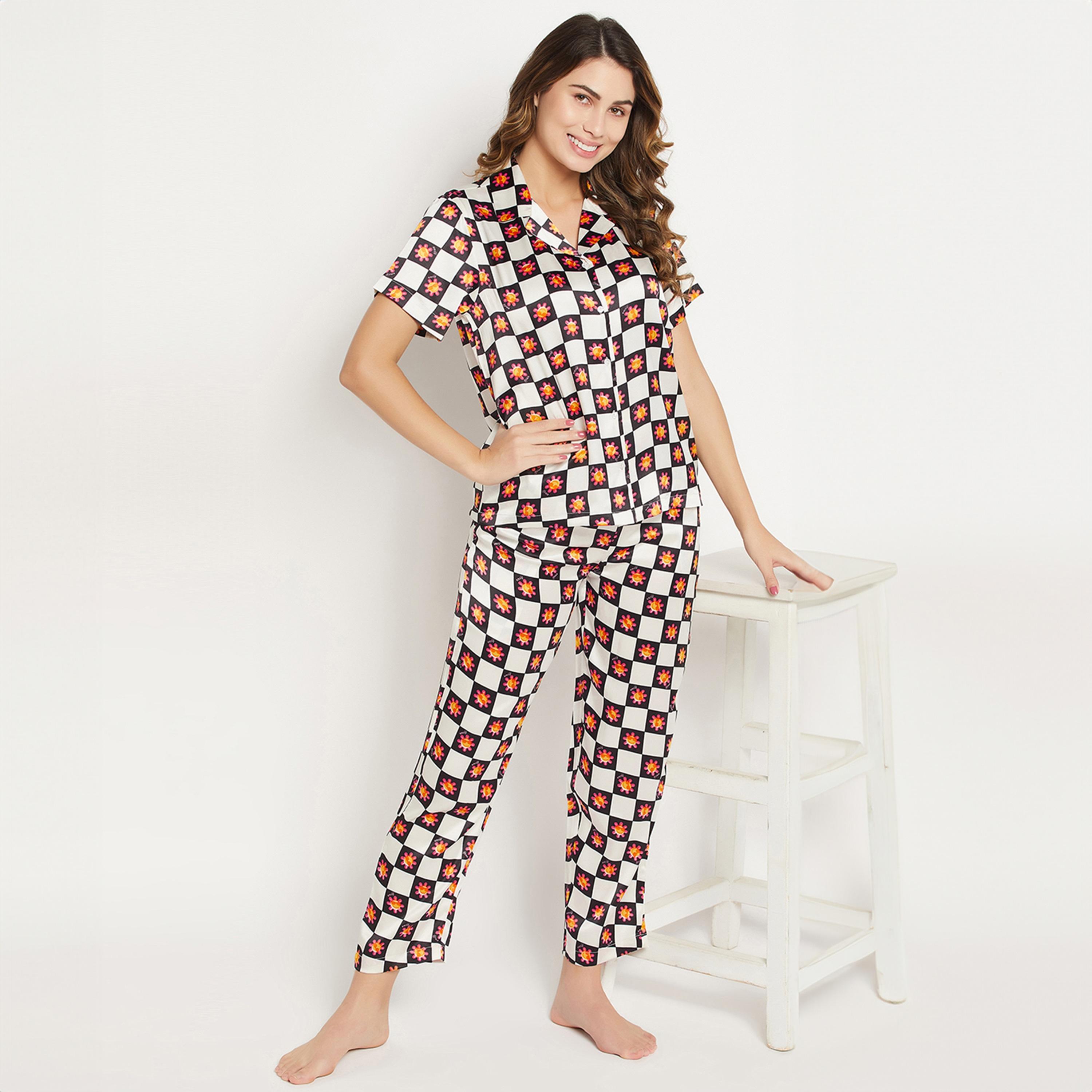 Clovia Sun Print Button Down Women's Shirt & Pyjama Set in White - Satin-women-clothing-nightwear-pyjamas-longsets-image-2