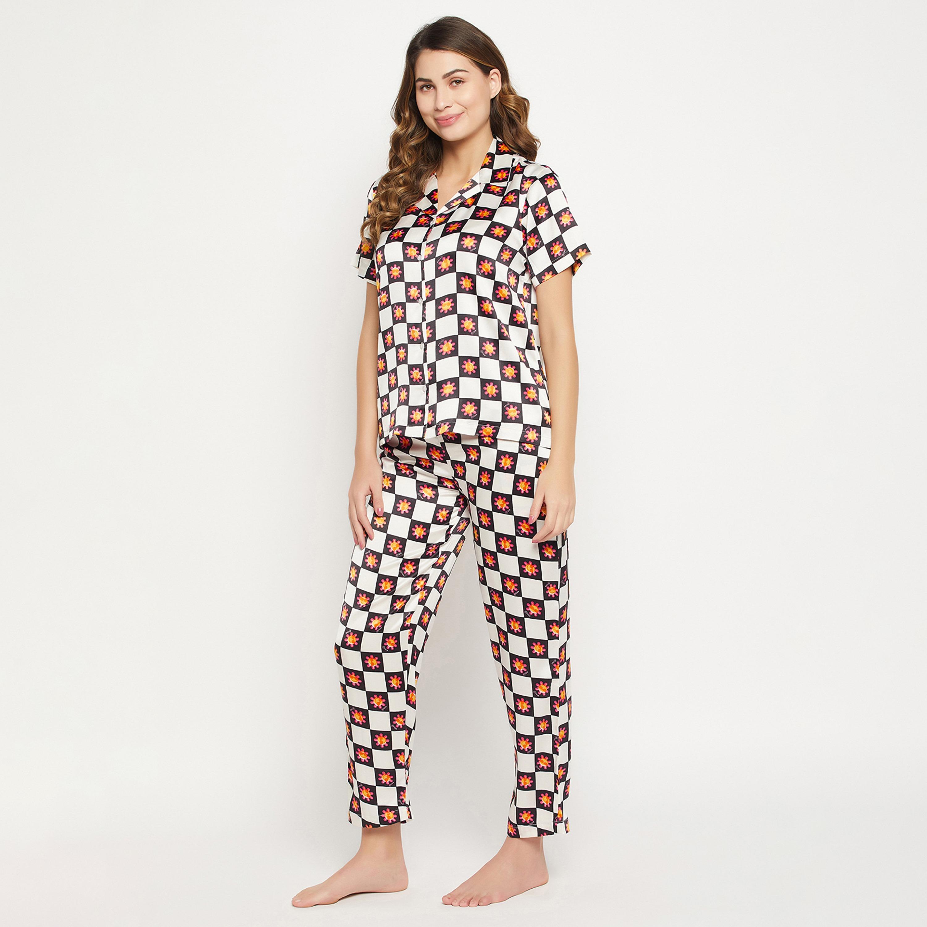 Clovia Sun Print Button Down Women's Shirt & Pyjama Set in White - Satin-women-clothing-nightwear-pyjamas-longsets-image-3