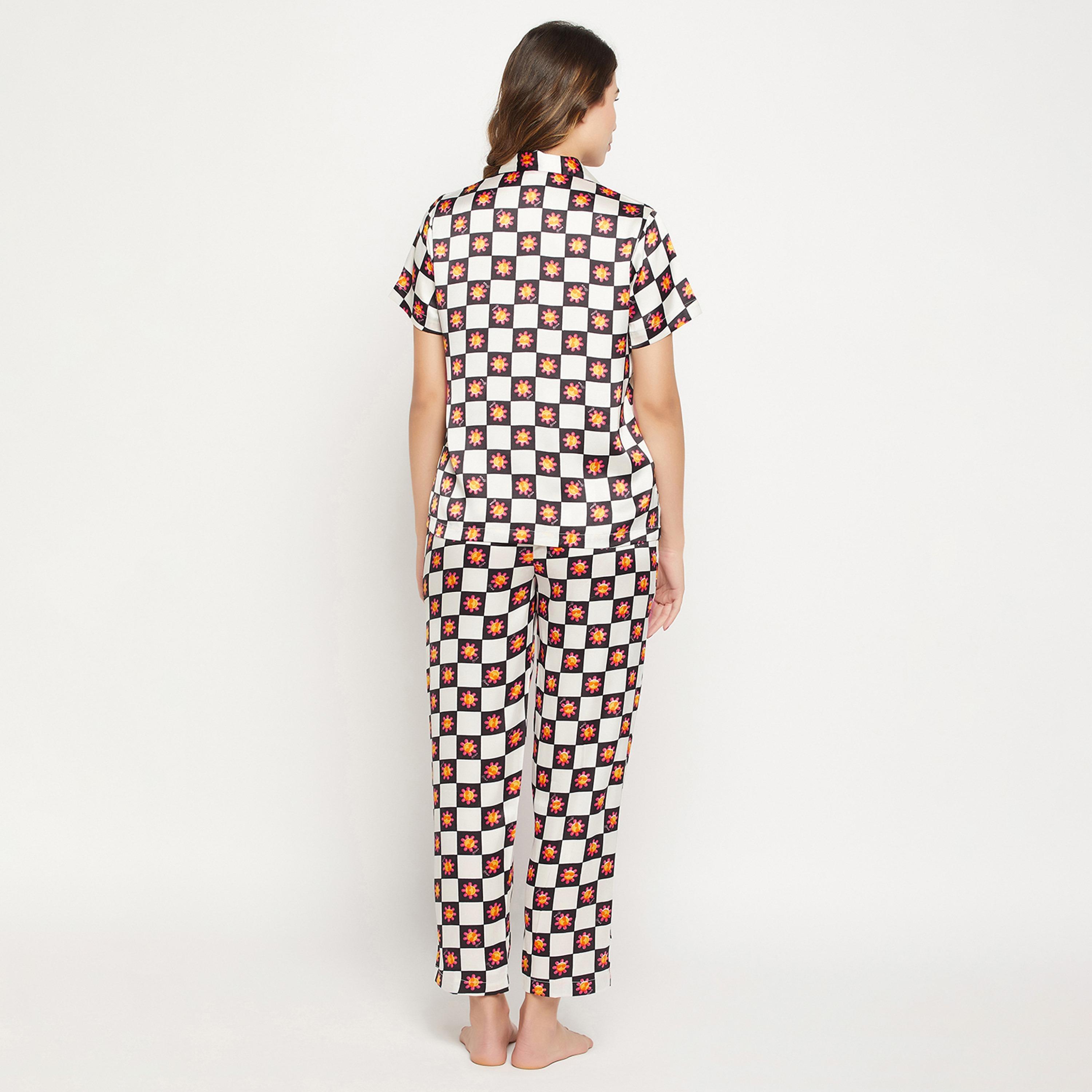 Clovia Sun Print Button Down Women's Shirt & Pyjama Set in White - Satin-women-clothing-nightwear-pyjamas-longsets-image-4