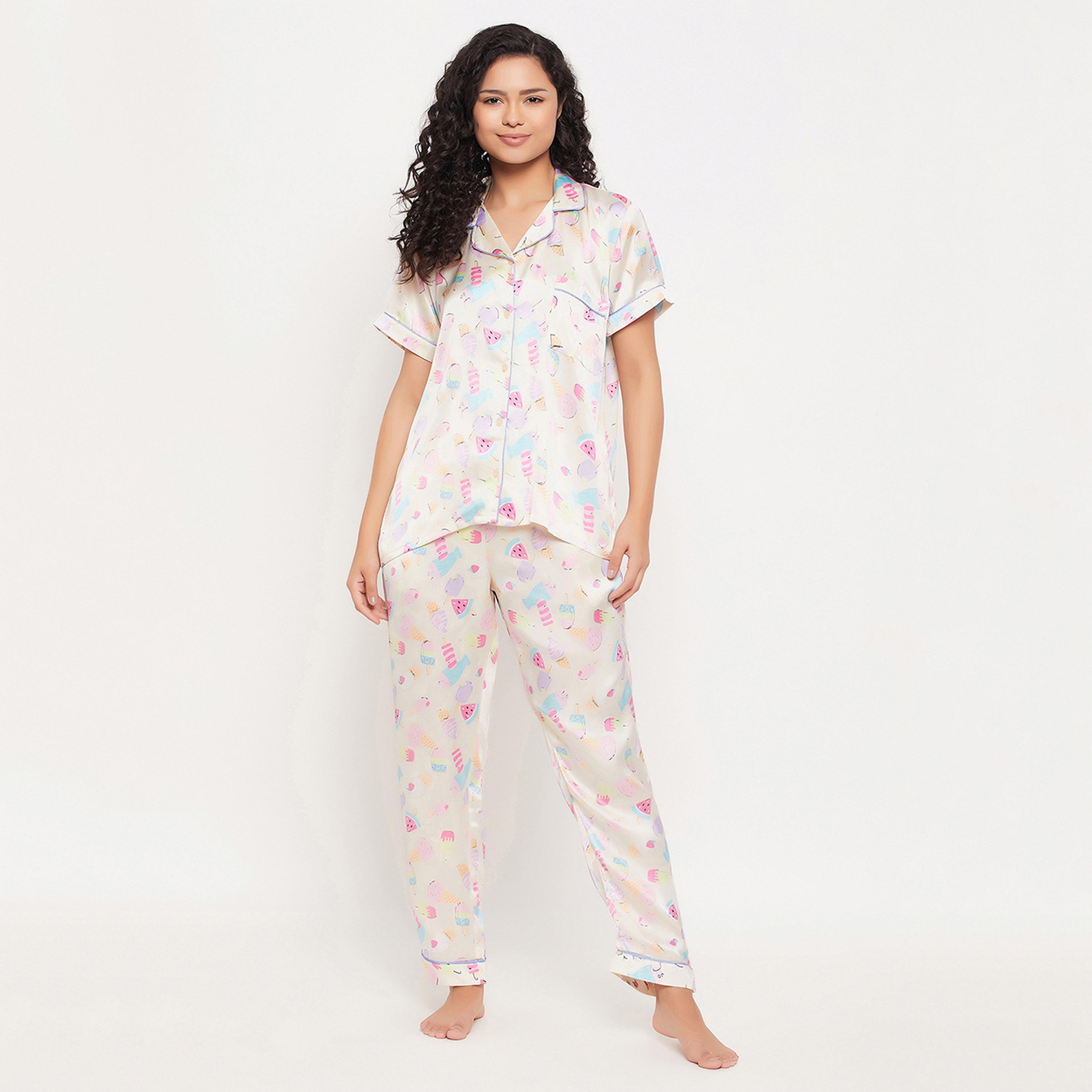 Clovia Midnight Cravings Button Down Women's Shirt & Pyjama Set in Cream Colour - Satin-women-clothing-nightwear-pyjamas-longsets-image-1