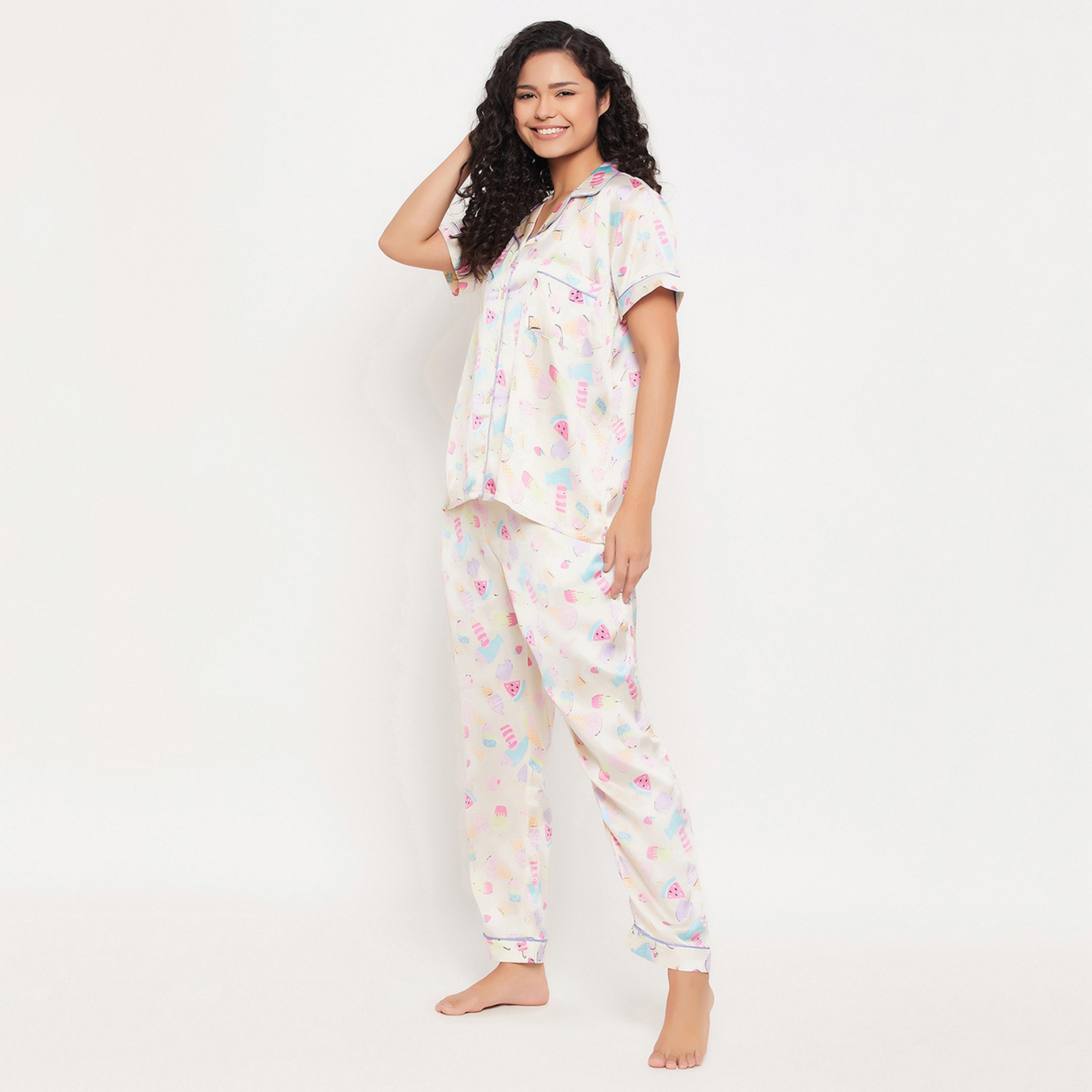 Clovia Midnight Cravings Button Down Women's Shirt & Pyjama Set in Cream Colour - Satin-women-clothing-nightwear-pyjamas-longsets-image-2