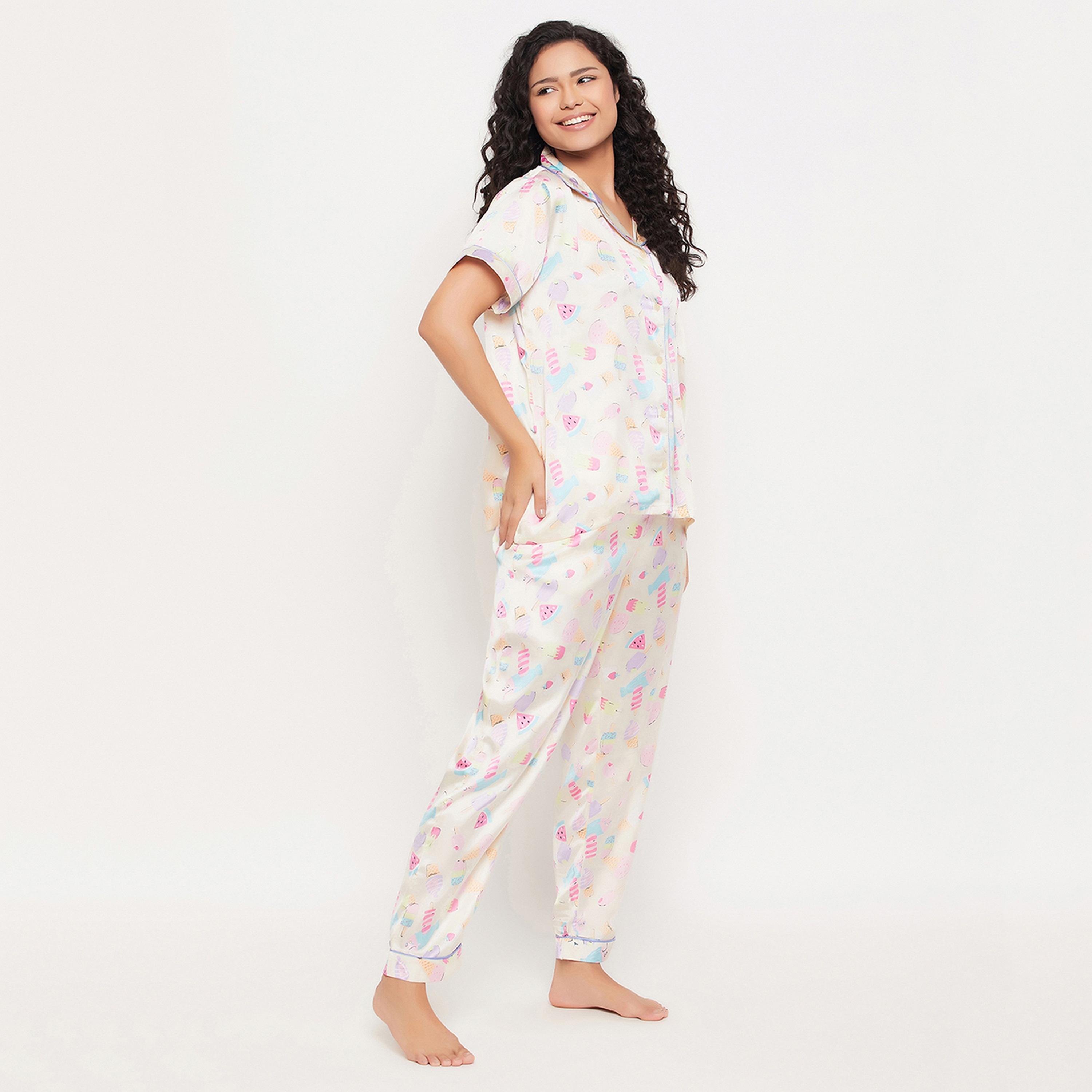 Clovia Midnight Cravings Button Down Women's Shirt & Pyjama Set in Cream Colour - Satin-women-clothing-nightwear-pyjamas-longsets-image-3