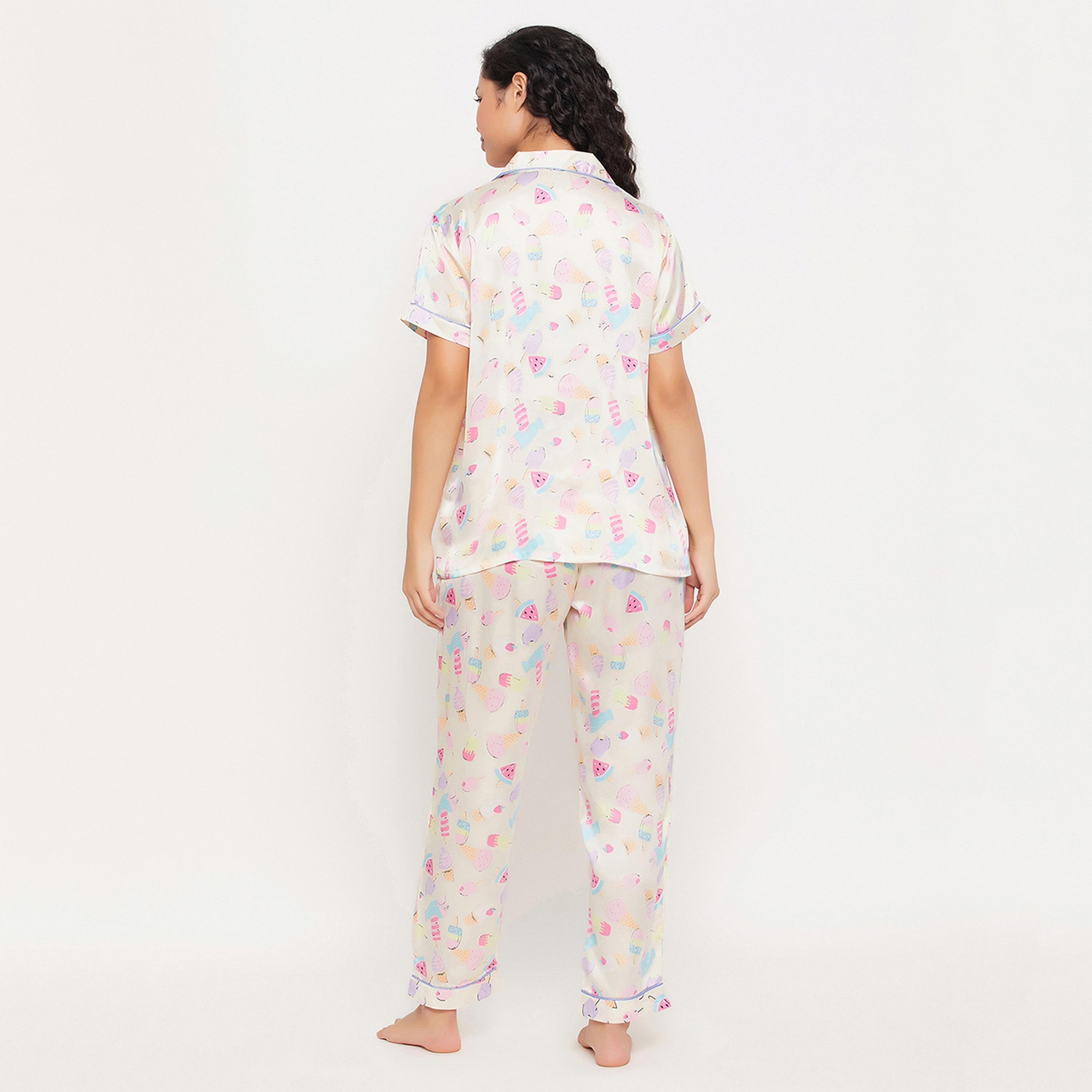 Clovia Midnight Cravings Button Down Women's Shirt & Pyjama Set in Cream Colour - Satin-women-clothing-nightwear-pyjamas-longsets-image-4