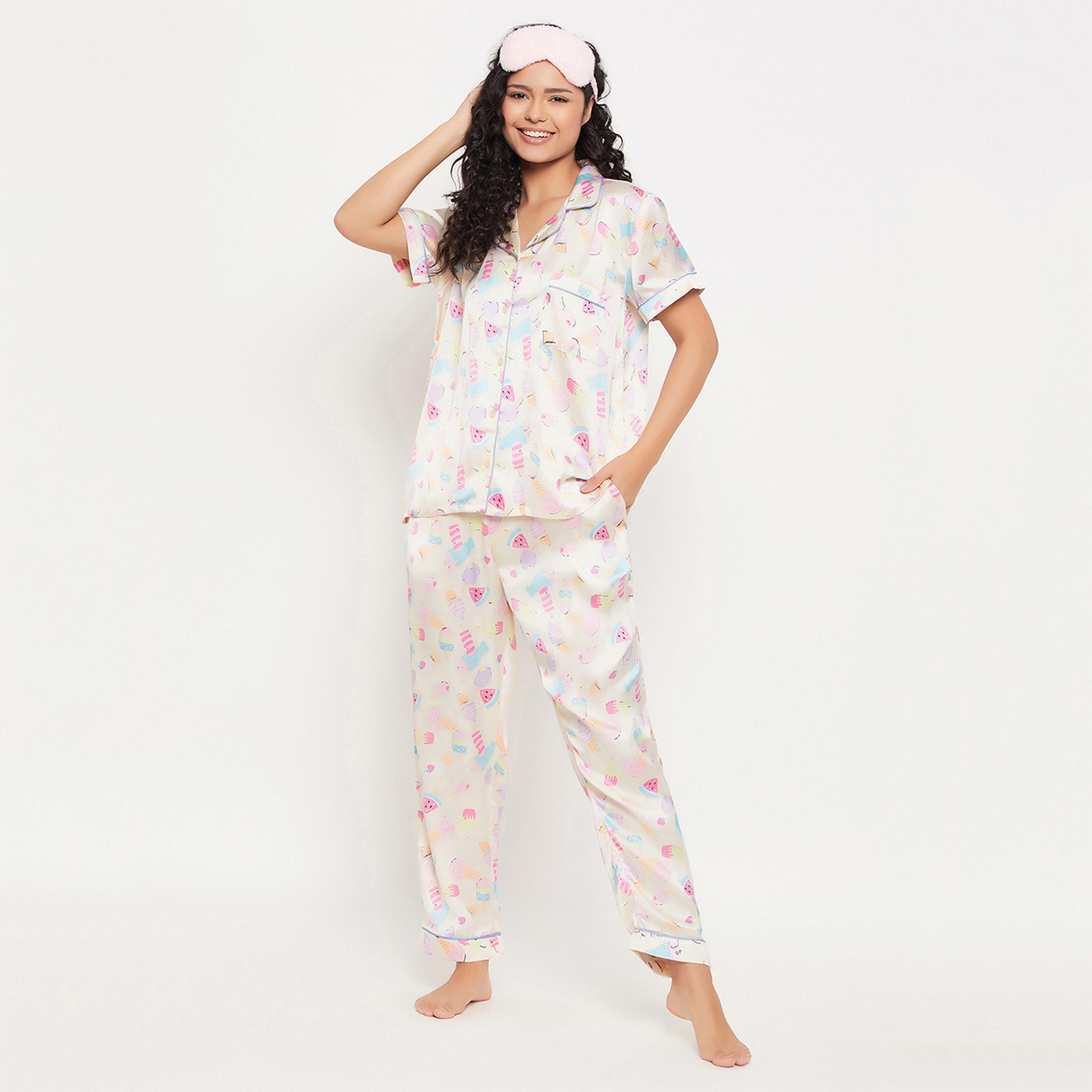 Clovia Midnight Cravings Button Down Women's Shirt & Pyjama Set in Cream Colour - Satin-women-clothing-nightwear-pyjamas-longsets-image-7