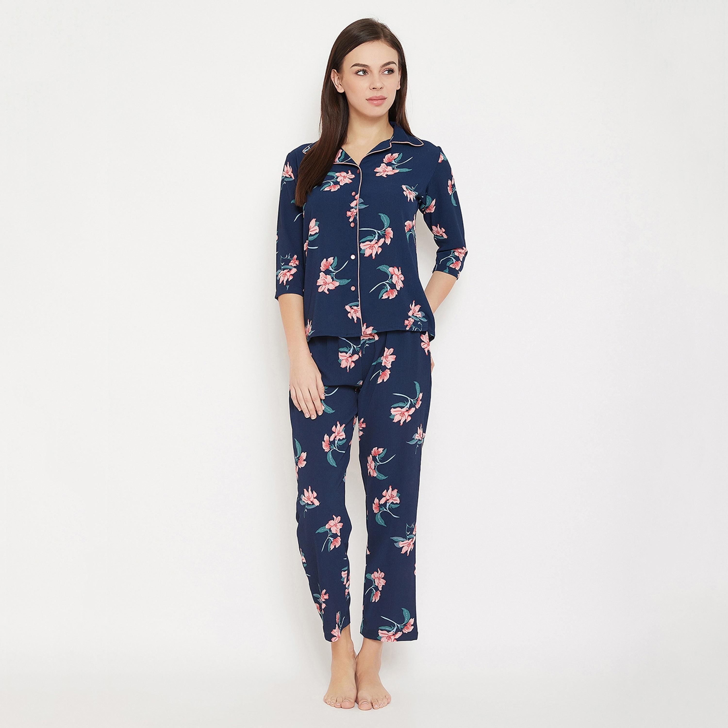 Clovia Set of Floral Collared Shirt with Pyjama-women-clothing-nightwear-pyjamas-longsets-image-2