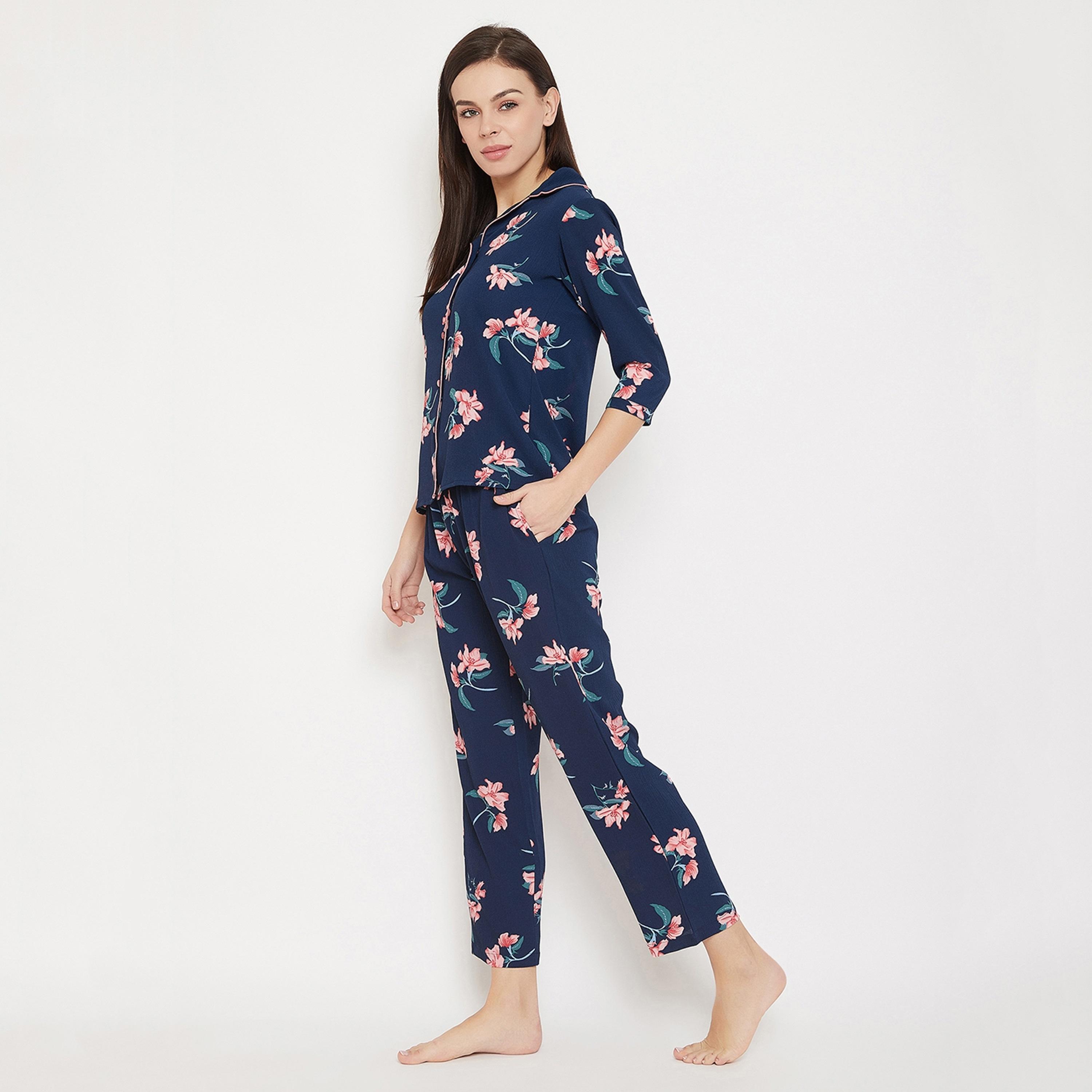 Clovia Set of Floral Collared Shirt with Pyjama-women-clothing-nightwear-pyjamas-longsets-image-3
