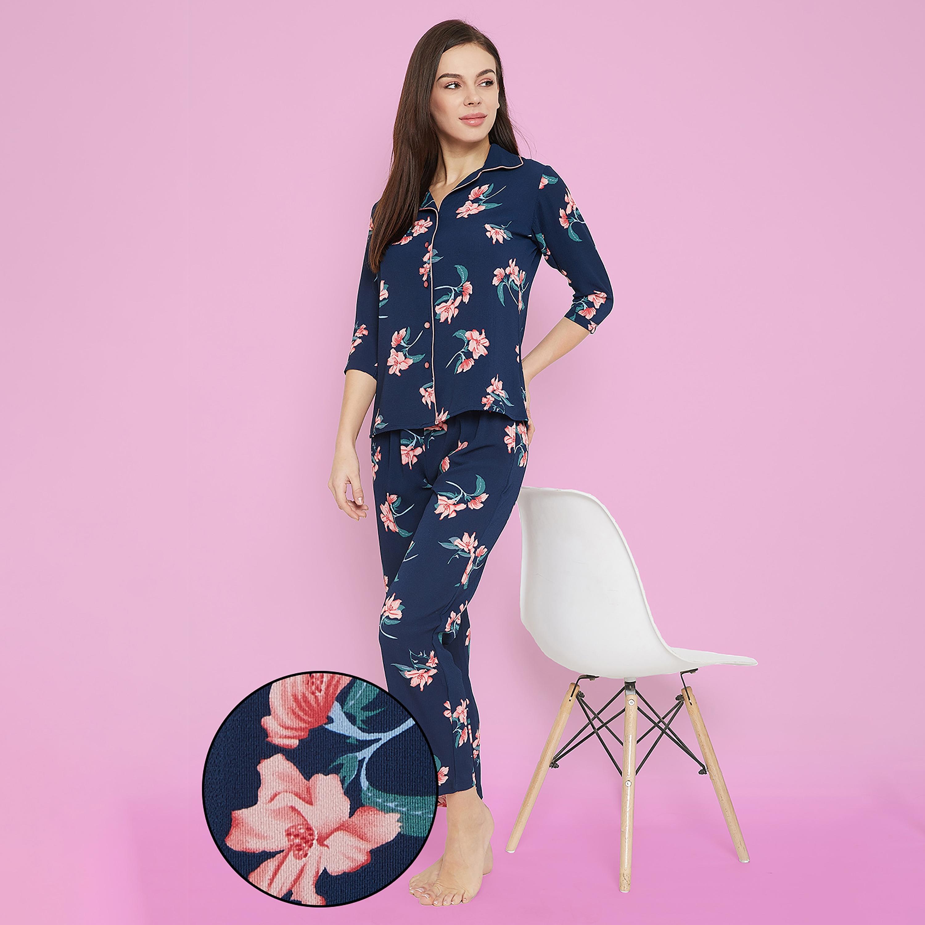 Clovia Set of Floral Collared Shirt with Pyjama-women-clothing-nightwear-pyjamas-longsets-image-1