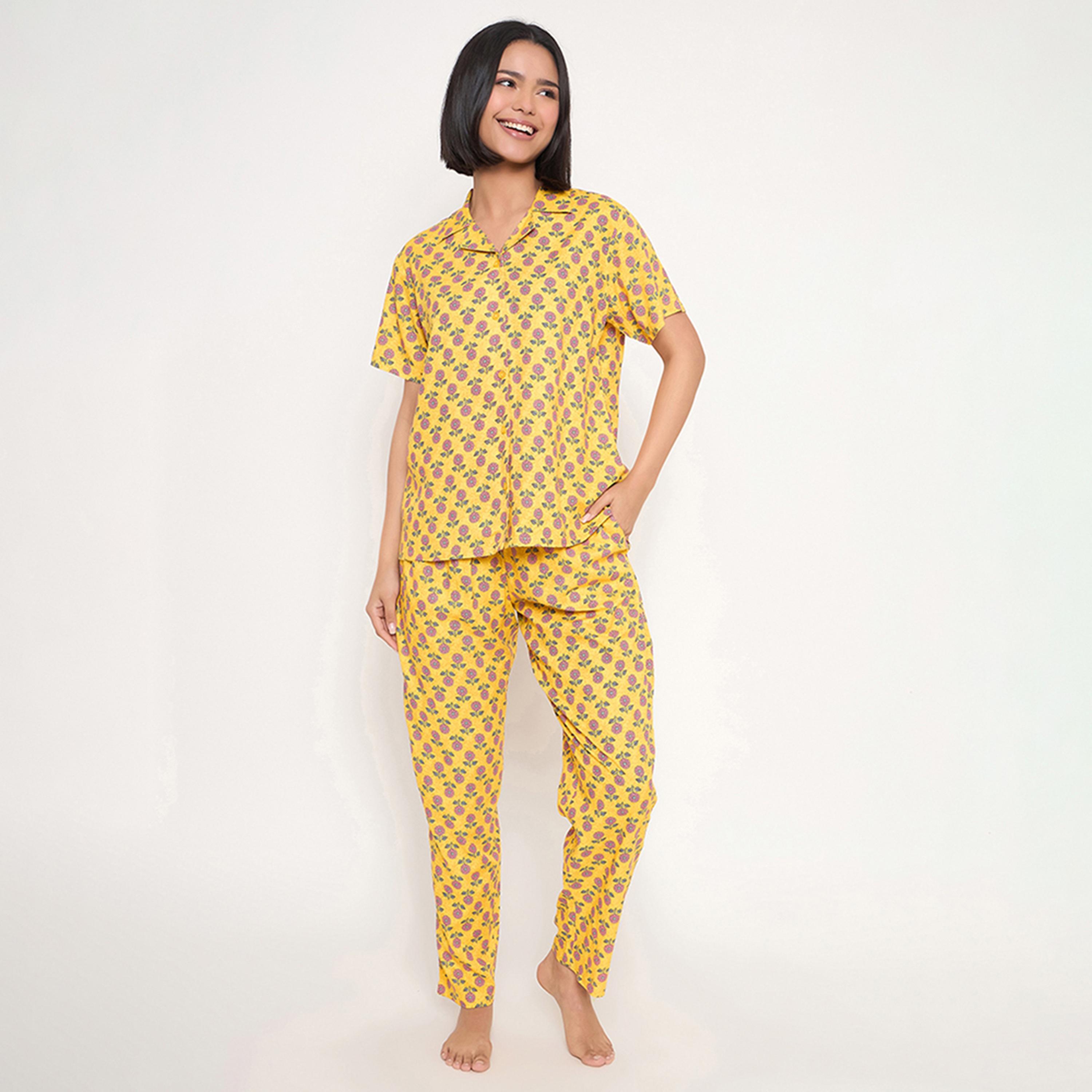 Clovia Sunflower Print Button Down Women's Shirt & Pyjama Set in Light Yellow - Rayon-women-clothing-nightwear-pyjamas-longsets-image-1