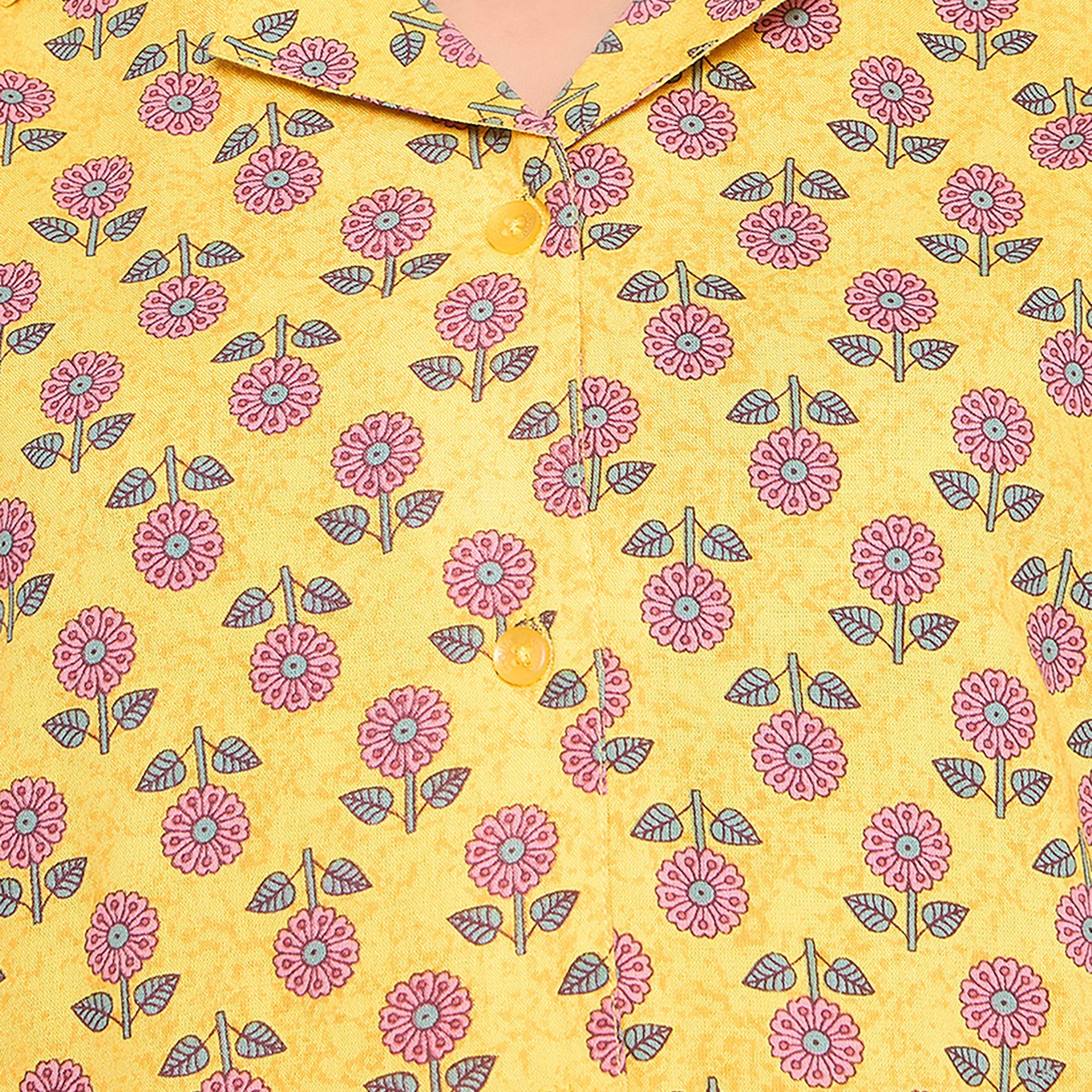 Clovia Sunflower Print Button Down Women's Shirt & Pyjama Set in Light Yellow - Rayon-women-clothing-nightwear-pyjamas-longsets-image-5