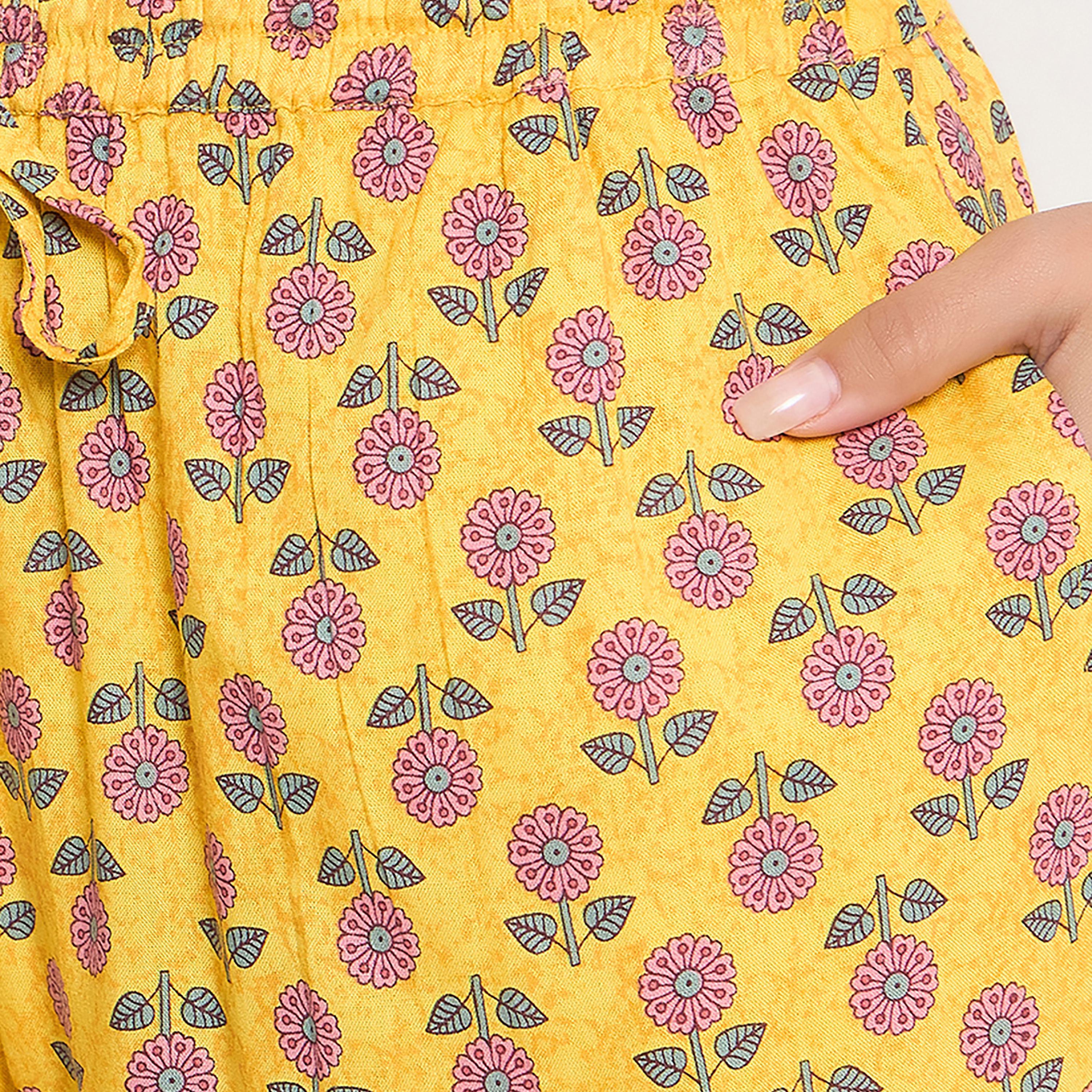 Clovia Sunflower Print Button Down Women's Shirt & Pyjama Set in Light Yellow - Rayon-women-clothing-nightwear-pyjamas-longsets-image-6