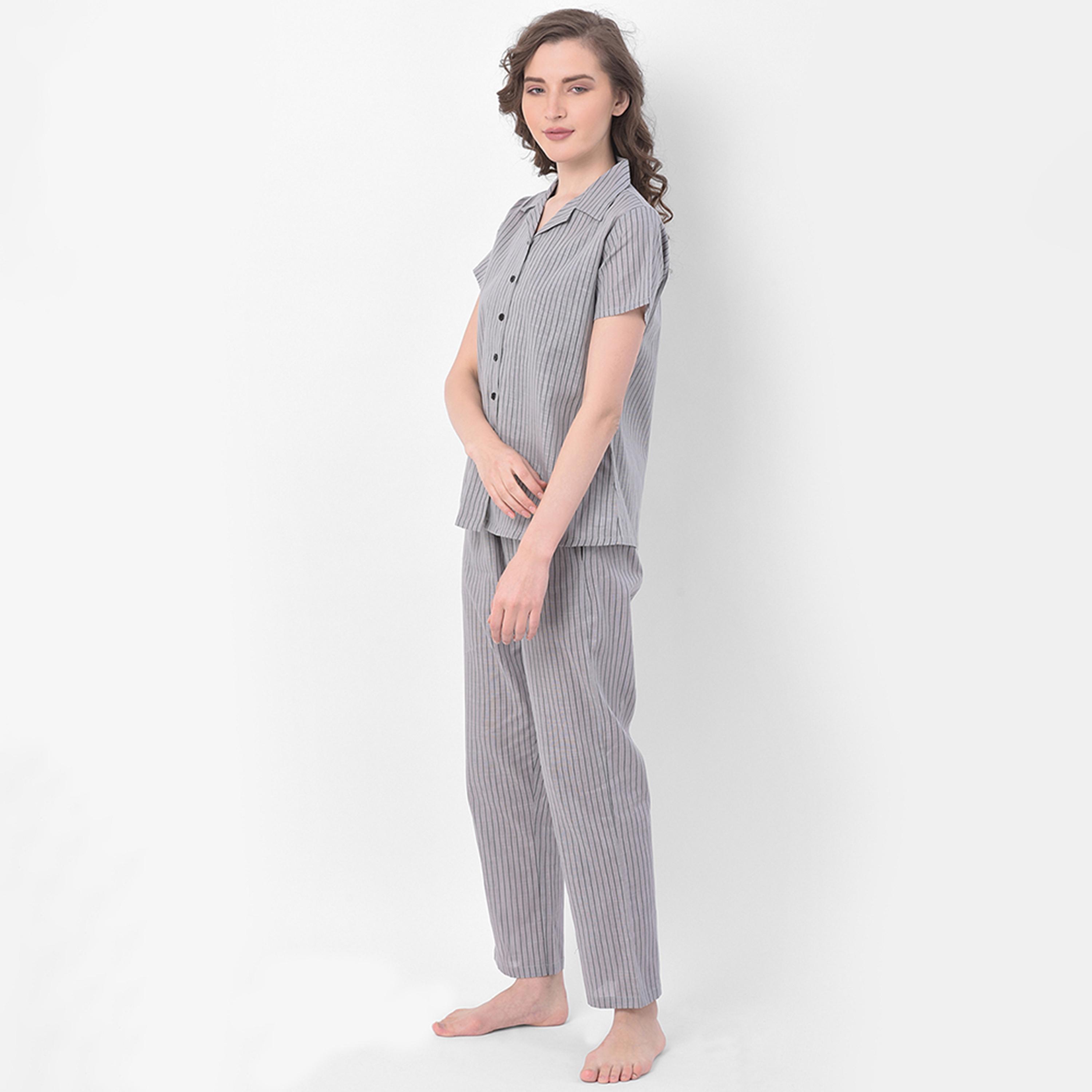 Clovia Sassy Stripes Button Down Women's Shirt & Pyjama in Grey- Rayon-women-clothing-nightwear-pyjamas-longsets-image-2