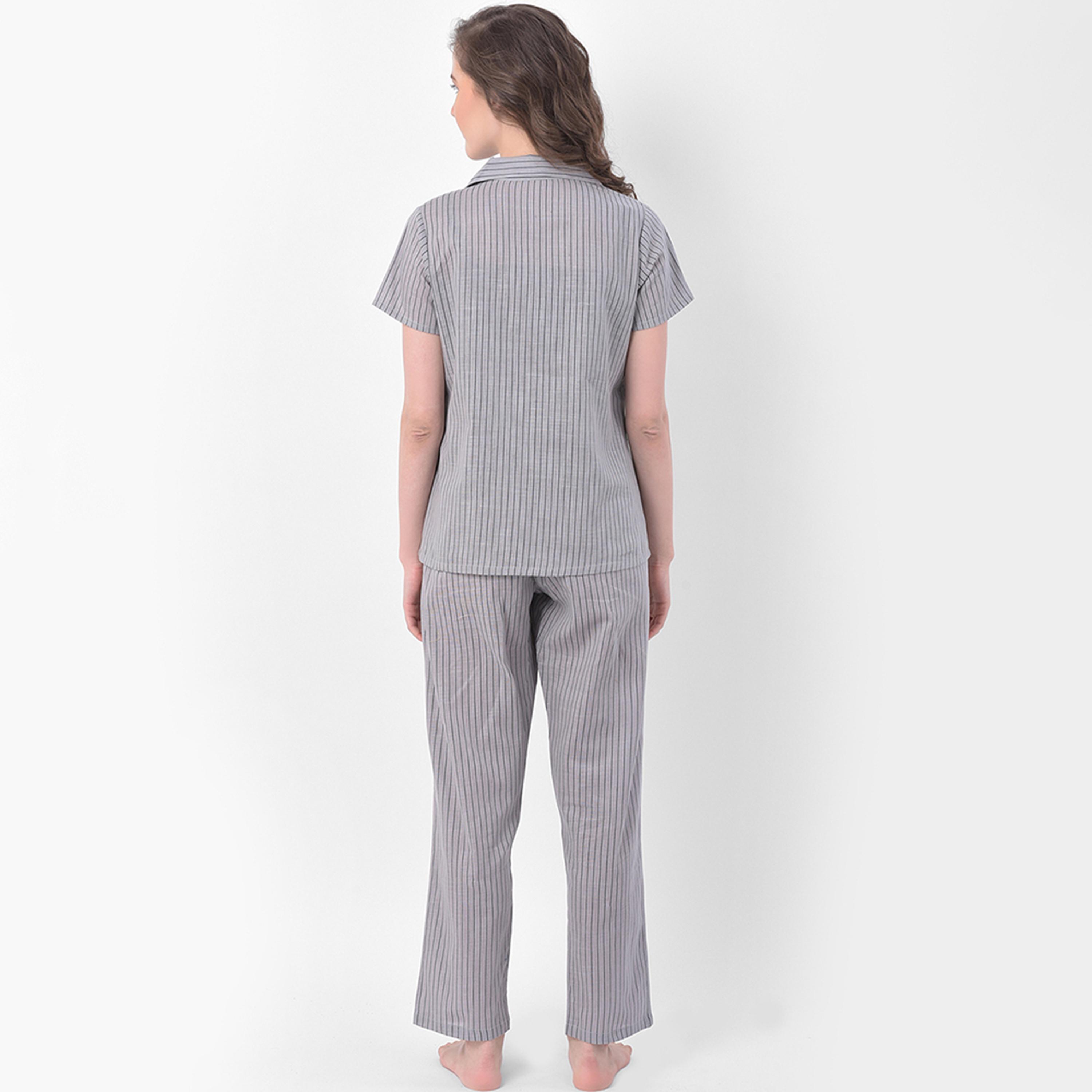 Clovia Sassy Stripes Button Down Women's Shirt & Pyjama in Grey- Rayon-women-clothing-nightwear-pyjamas-longsets-image-4