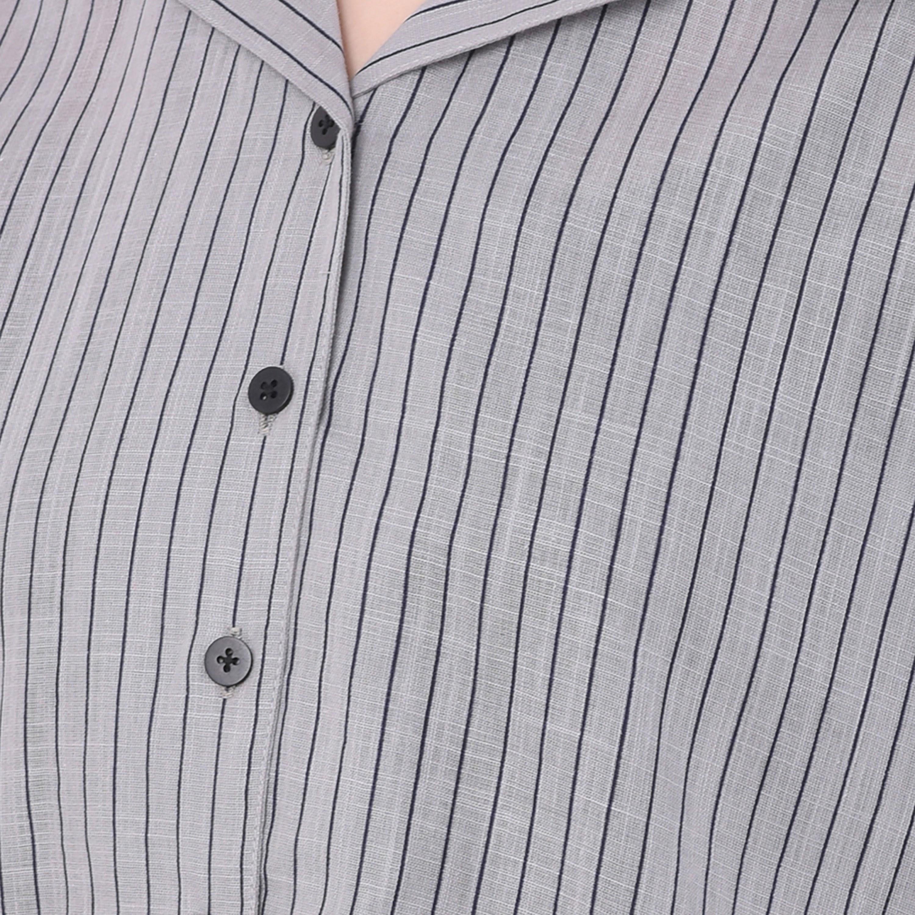 Clovia Sassy Stripes Button Down Women's Shirt & Pyjama in Grey- Rayon-women-clothing-nightwear-pyjamas-longsets-image-5