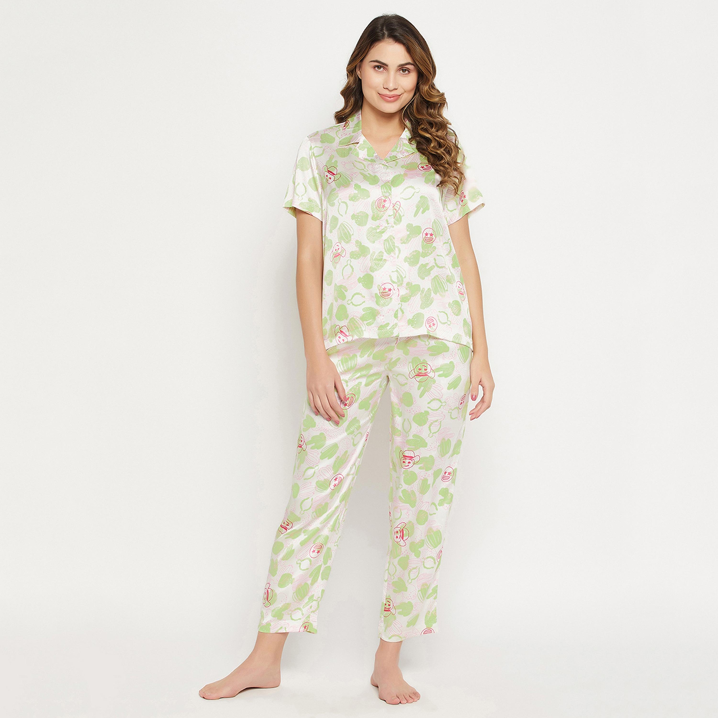 Clovia Cactus Print Button Down Women's Shirt & Pyjama Set in White - Satin-women-clothing-nightwear-pyjamas-longsets-image-1