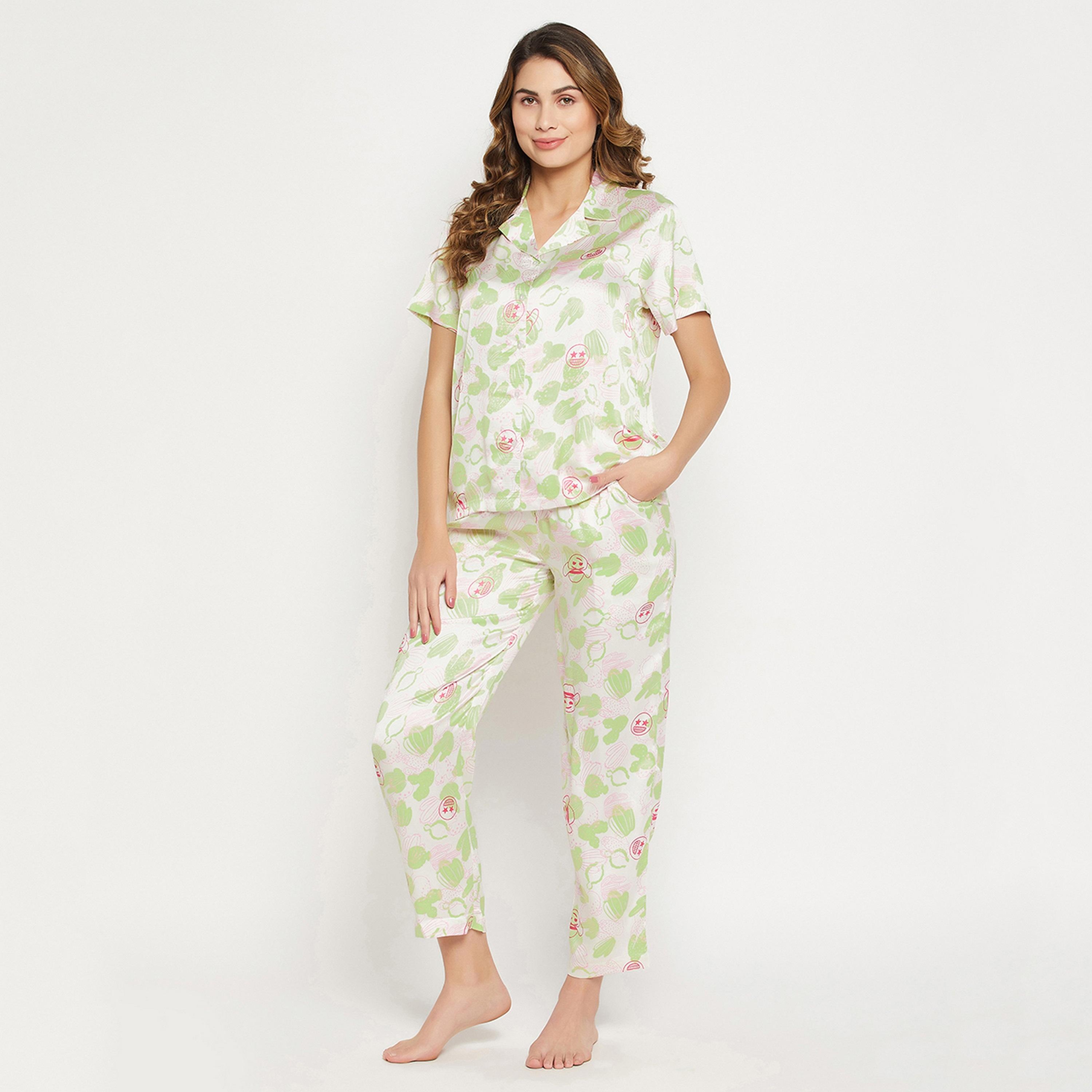 Clovia Cactus Print Button Down Women's Shirt & Pyjama Set in White - Satin-women-clothing-nightwear-pyjamas-longsets-image-2