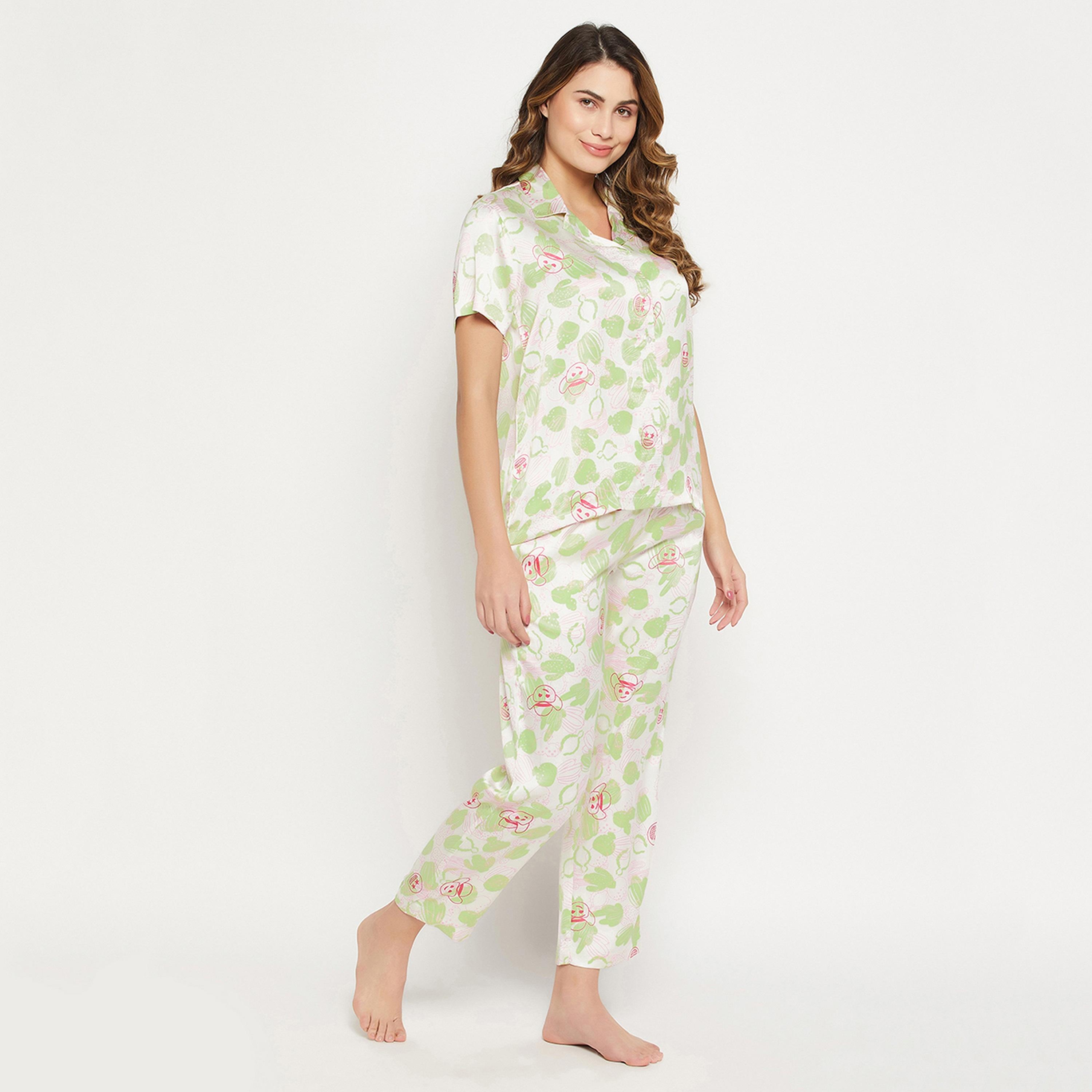 Clovia Cactus Print Button Down Women's Shirt & Pyjama Set in White - Satin-women-clothing-nightwear-pyjamas-longsets-image-3